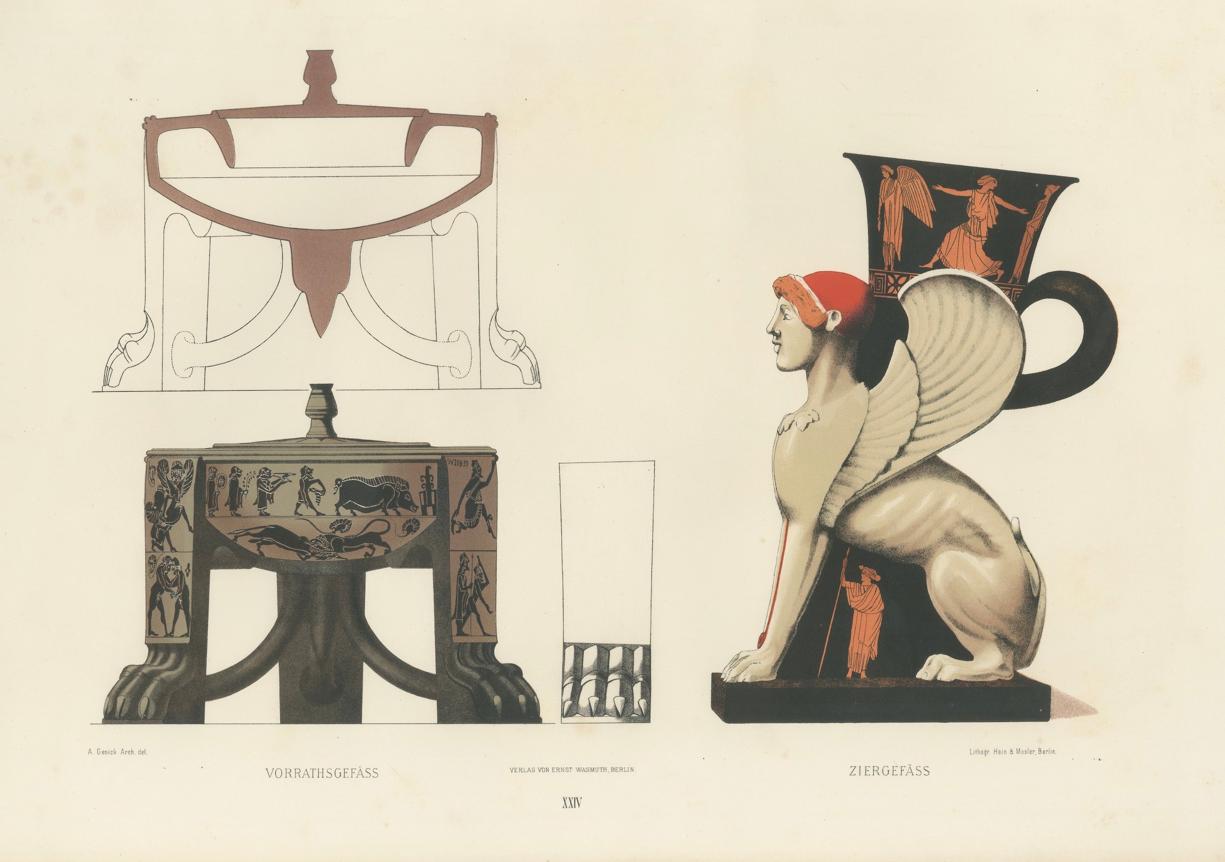 Antique Greek Sphinx & Ceremonial Vessels Color Lithograph, 1883