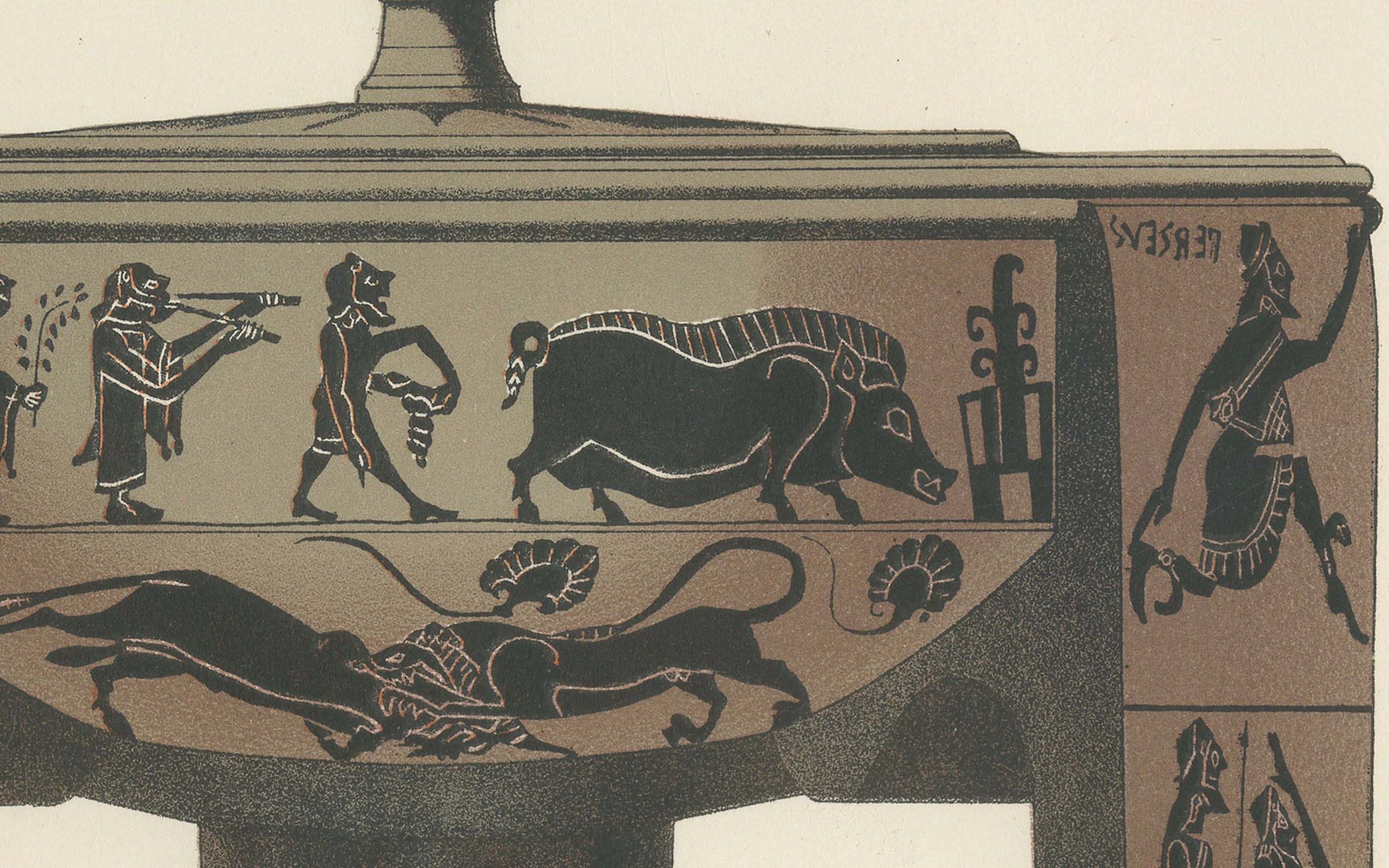 Antique Greek Sphinx & Ceremonial Vessels Color Lithograph, 1883