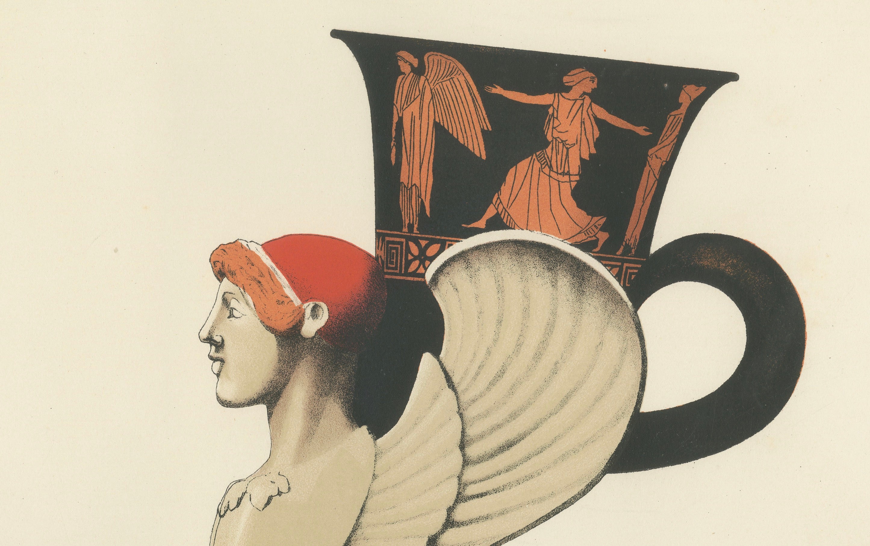Antique Greek Sphinx & Ceremonial Vessels Color Lithograph, 1883