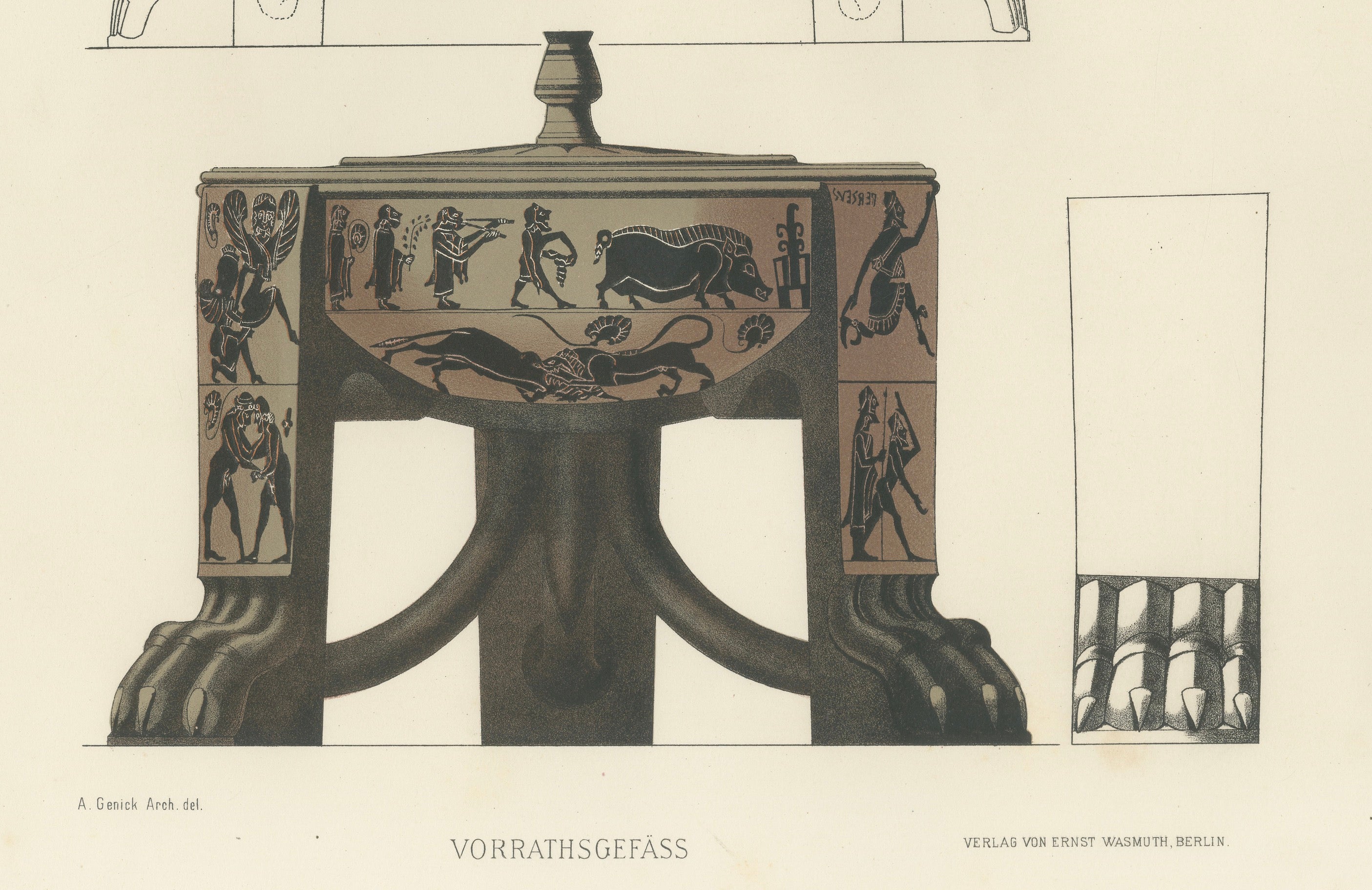 Antique Greek Sphinx & Ceremonial Vessels Color Lithograph, 1883