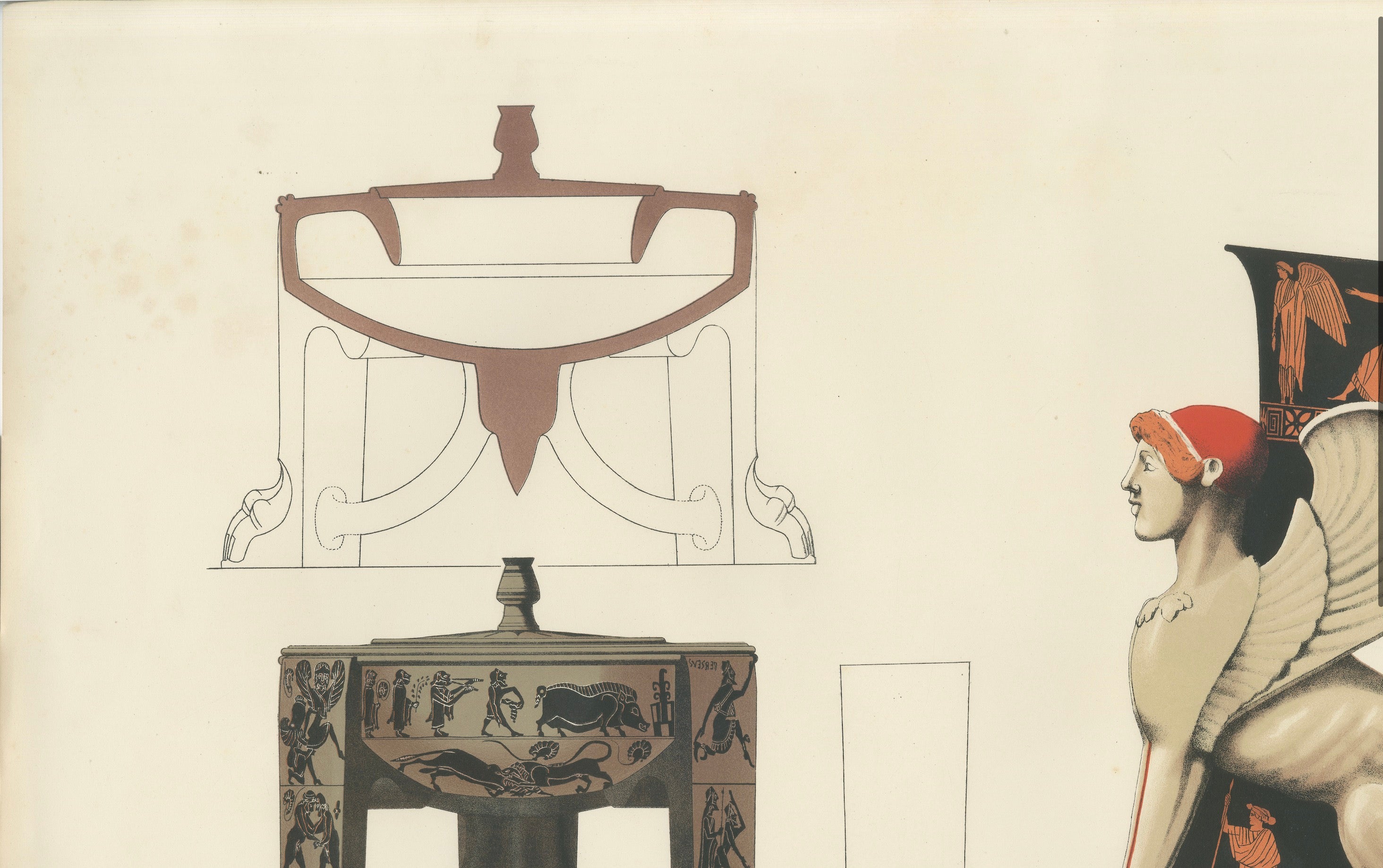 Antique Greek Sphinx & Ceremonial Vessels Color Lithograph, 1883