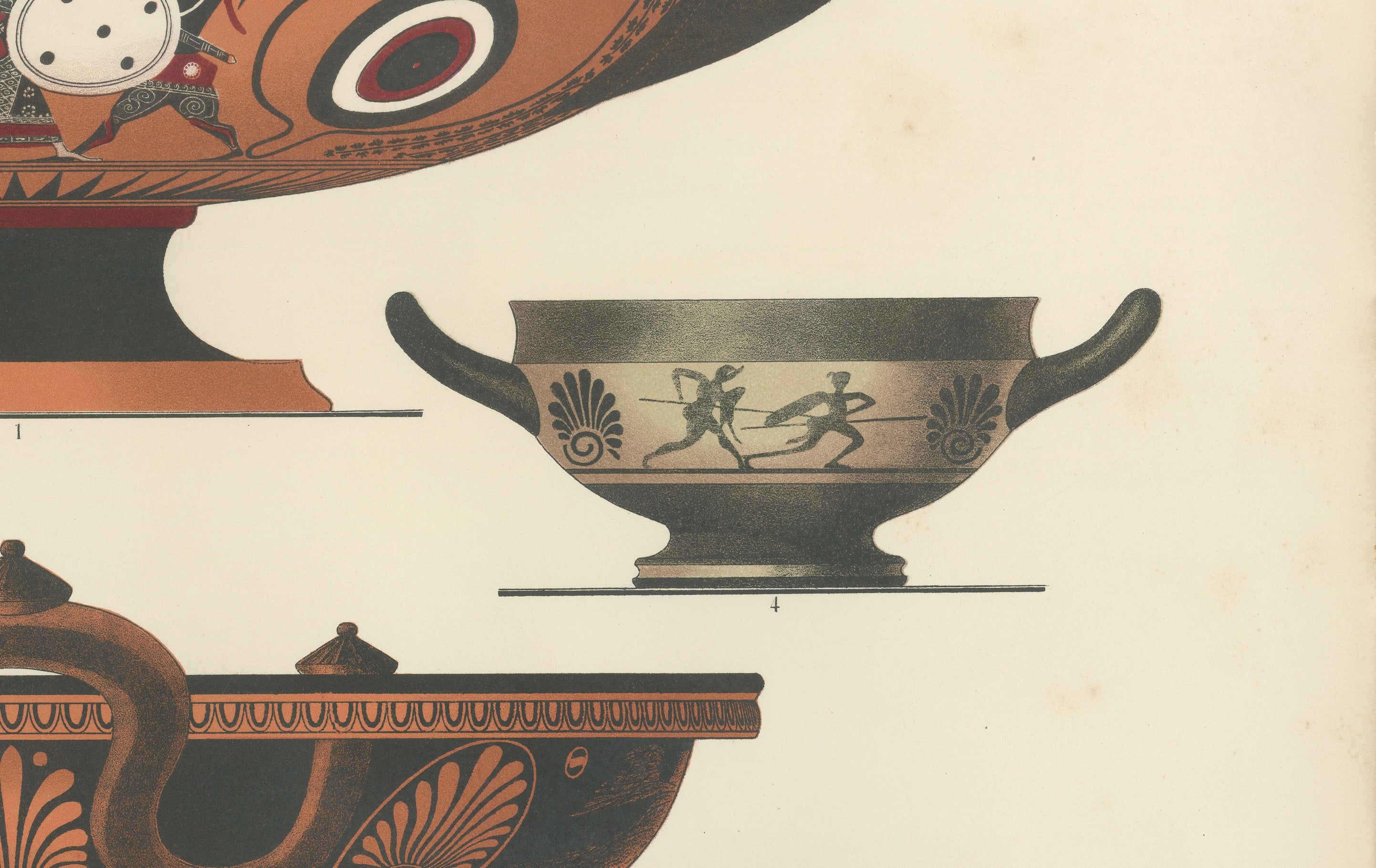 Antique Greek Kylix, Bowls & Warriors Color Lithograph, 1883