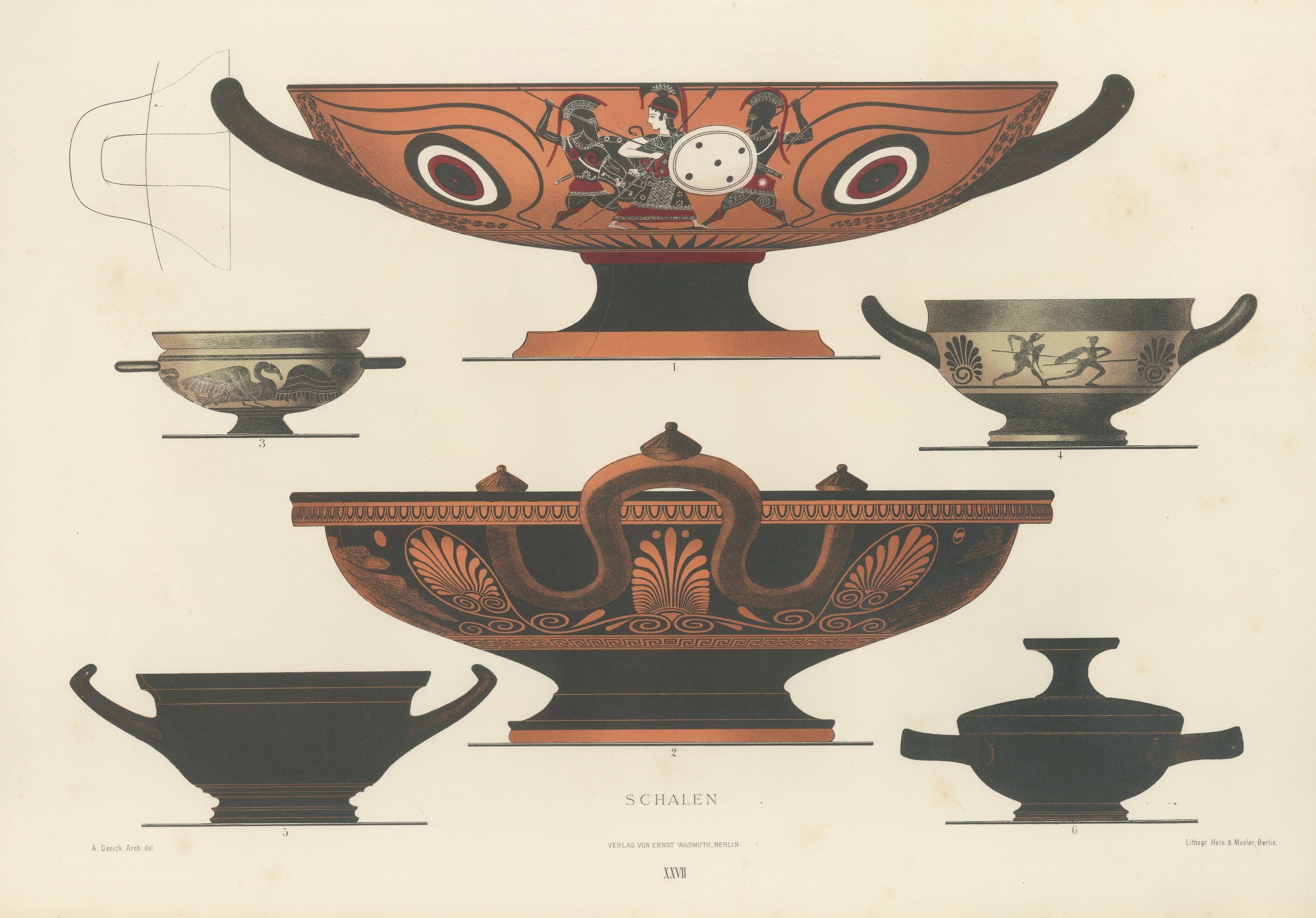 Antique Greek Kylix, Bowls & Warriors Color Lithograph, 1883