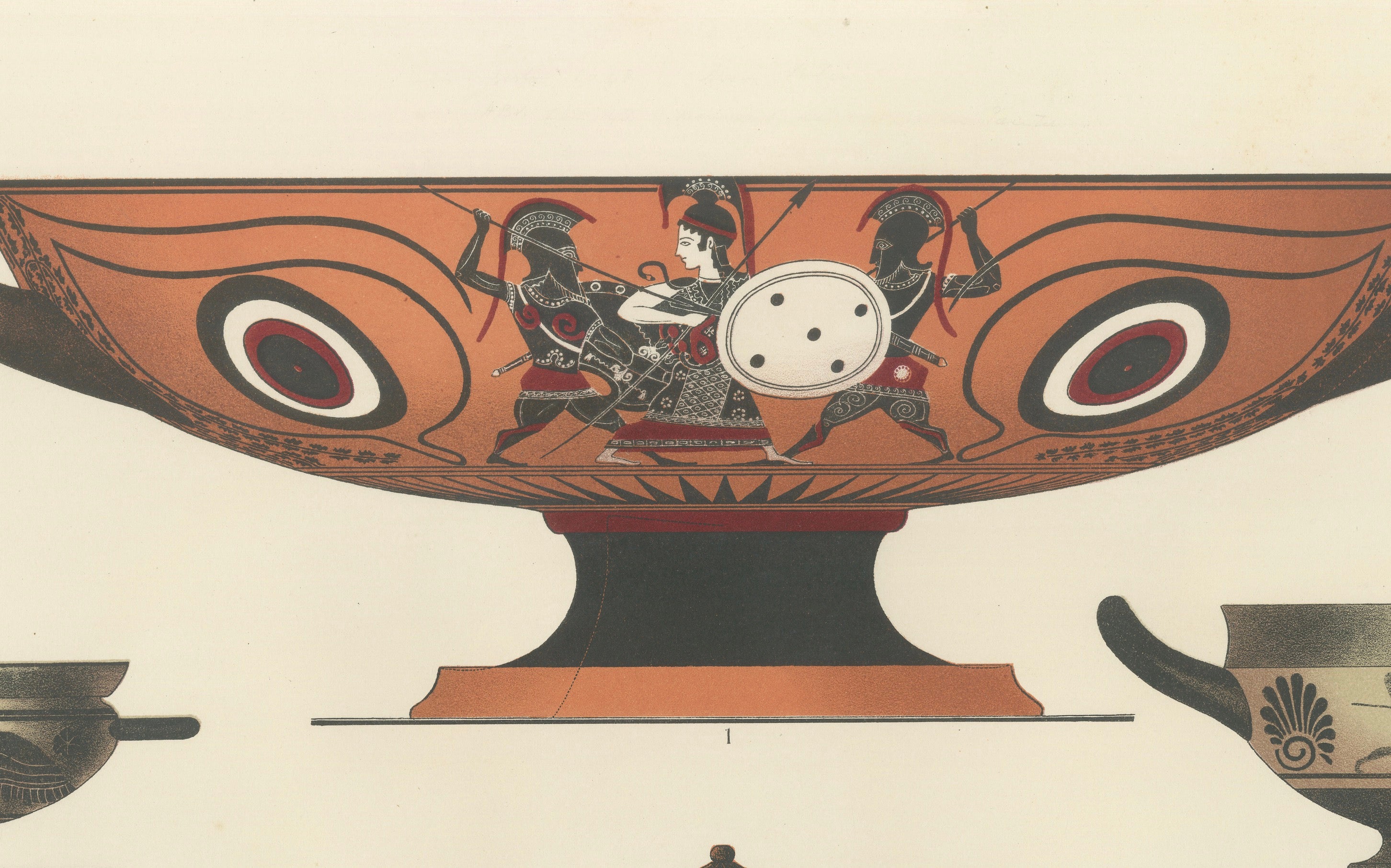 Antique Greek Kylix, Bowls & Warriors Color Lithograph, 1883