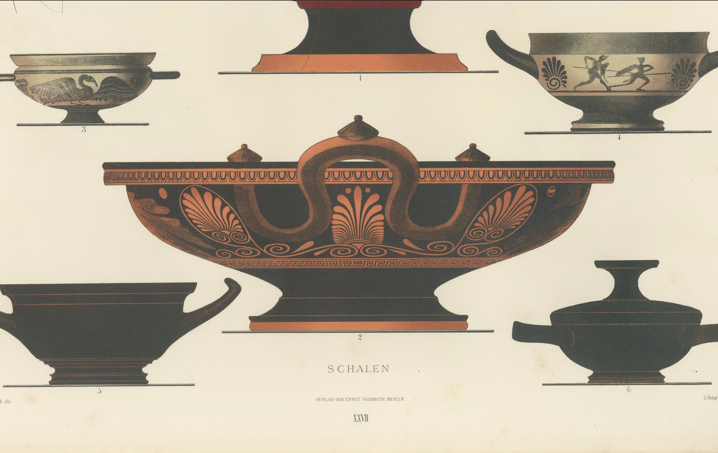 Antique Greek Kylix, Bowls & Warriors Color Lithograph, 1883