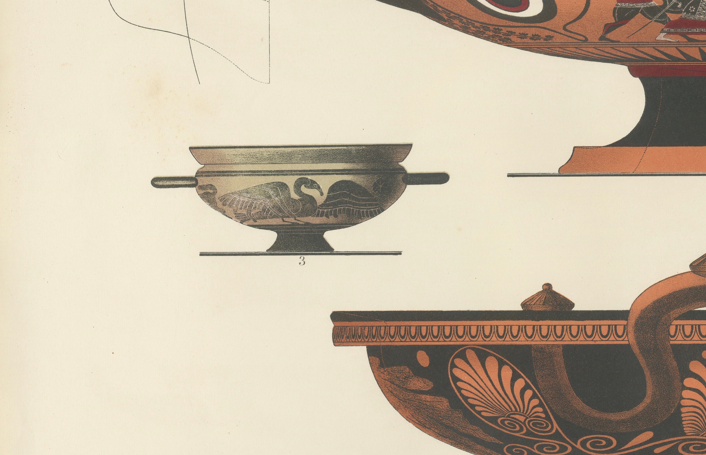 Antique Greek Kylix, Bowls & Warriors Color Lithograph, 1883