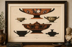 Antique Greek Kylix, Bowls & Warriors Color Lithograph, 1883