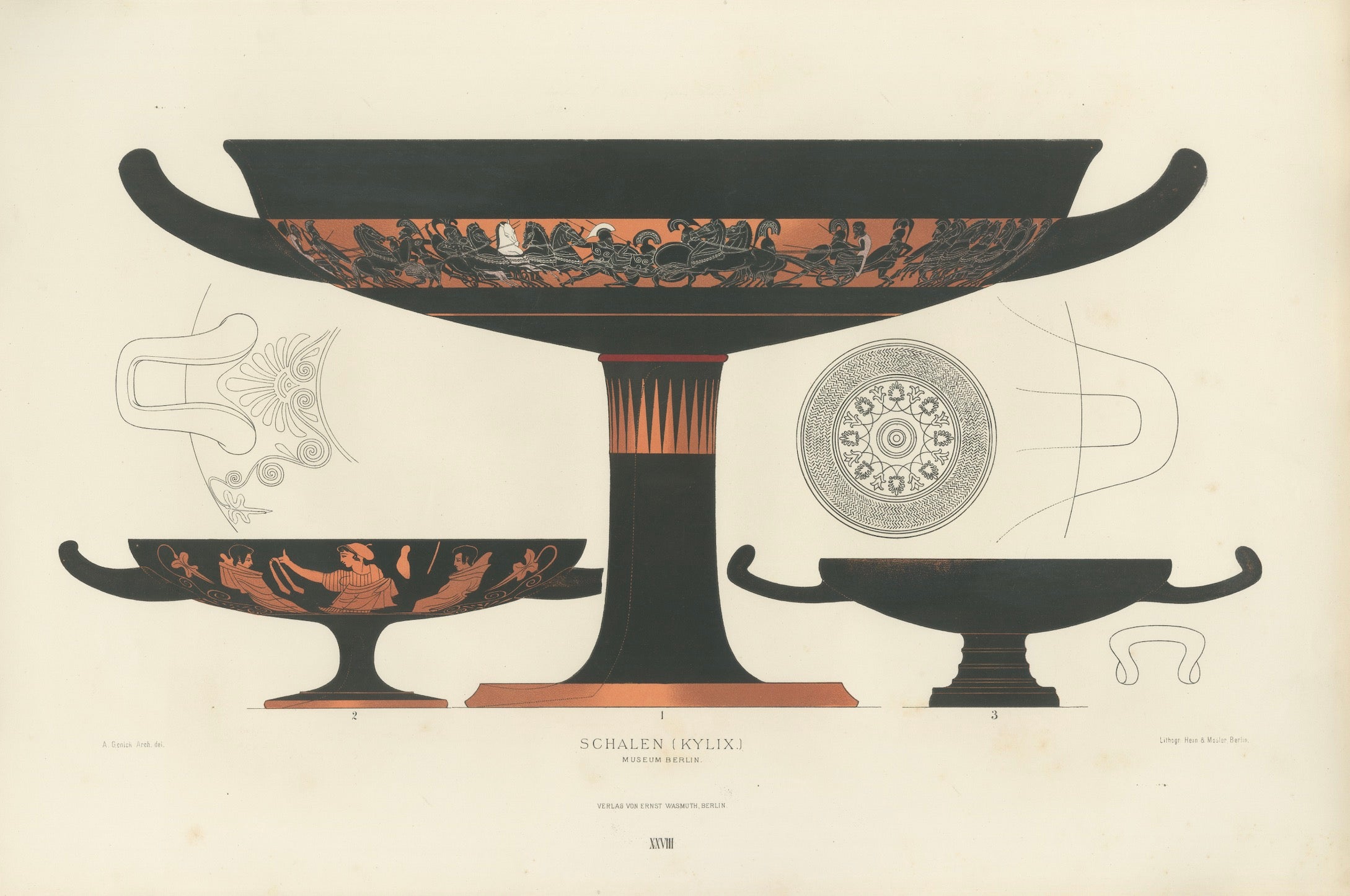 Antique Greek Kylix with Chariot & Warrior Procession Lithograph, 1883