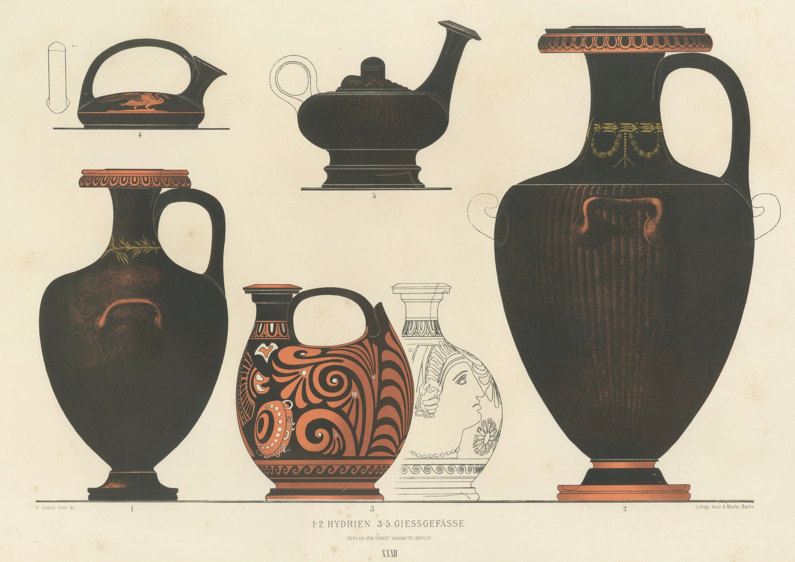 Antique Greek Hydriae & Pouring Vessels Color Lithograph, 1883