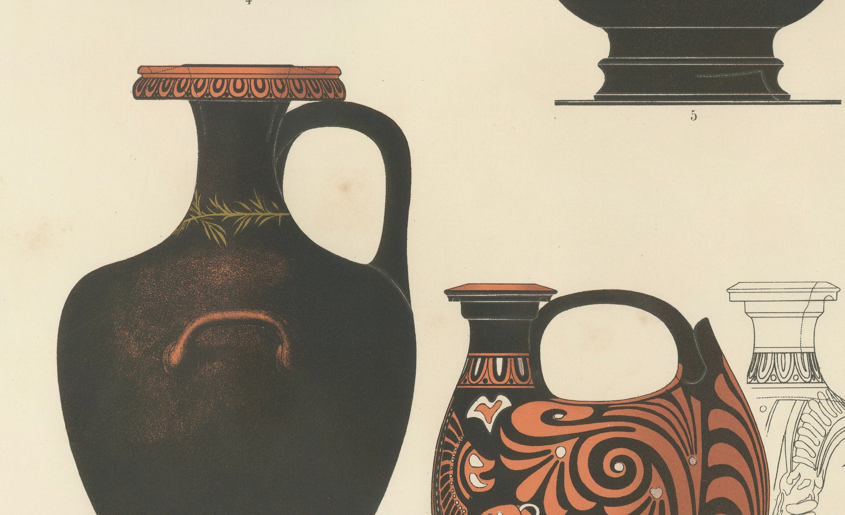 Antique Greek Hydriae & Pouring Vessels Color Lithograph, 1883