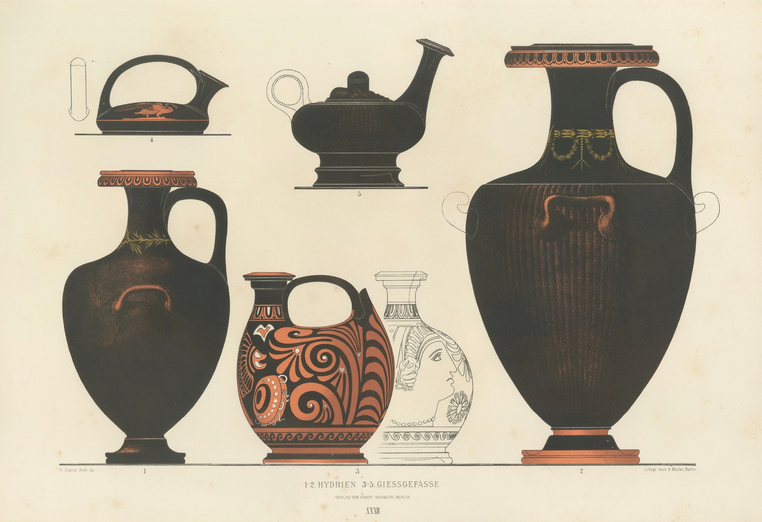 Antique Greek Hydriae & Pouring Vessels Color Lithograph, 1883