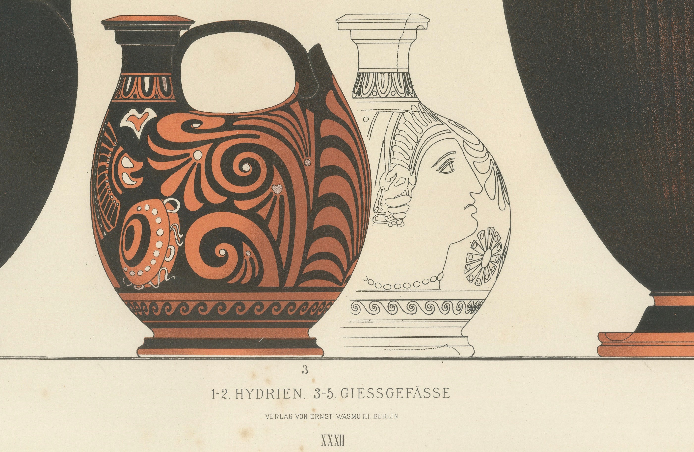 Antique Greek Hydriae & Pouring Vessels Color Lithograph, 1883