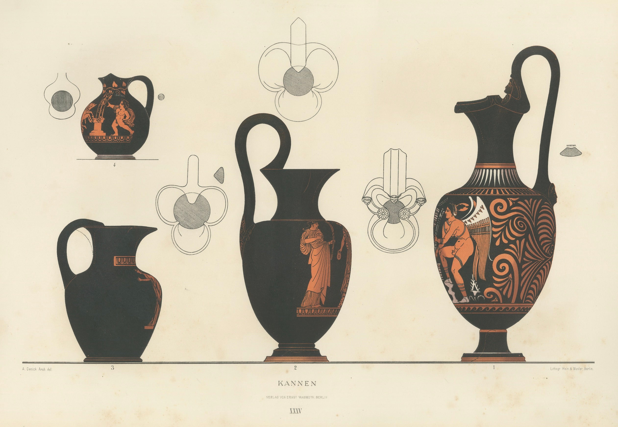 Antique Greek Jugs with Classical Figures Color Lithograph, 1883