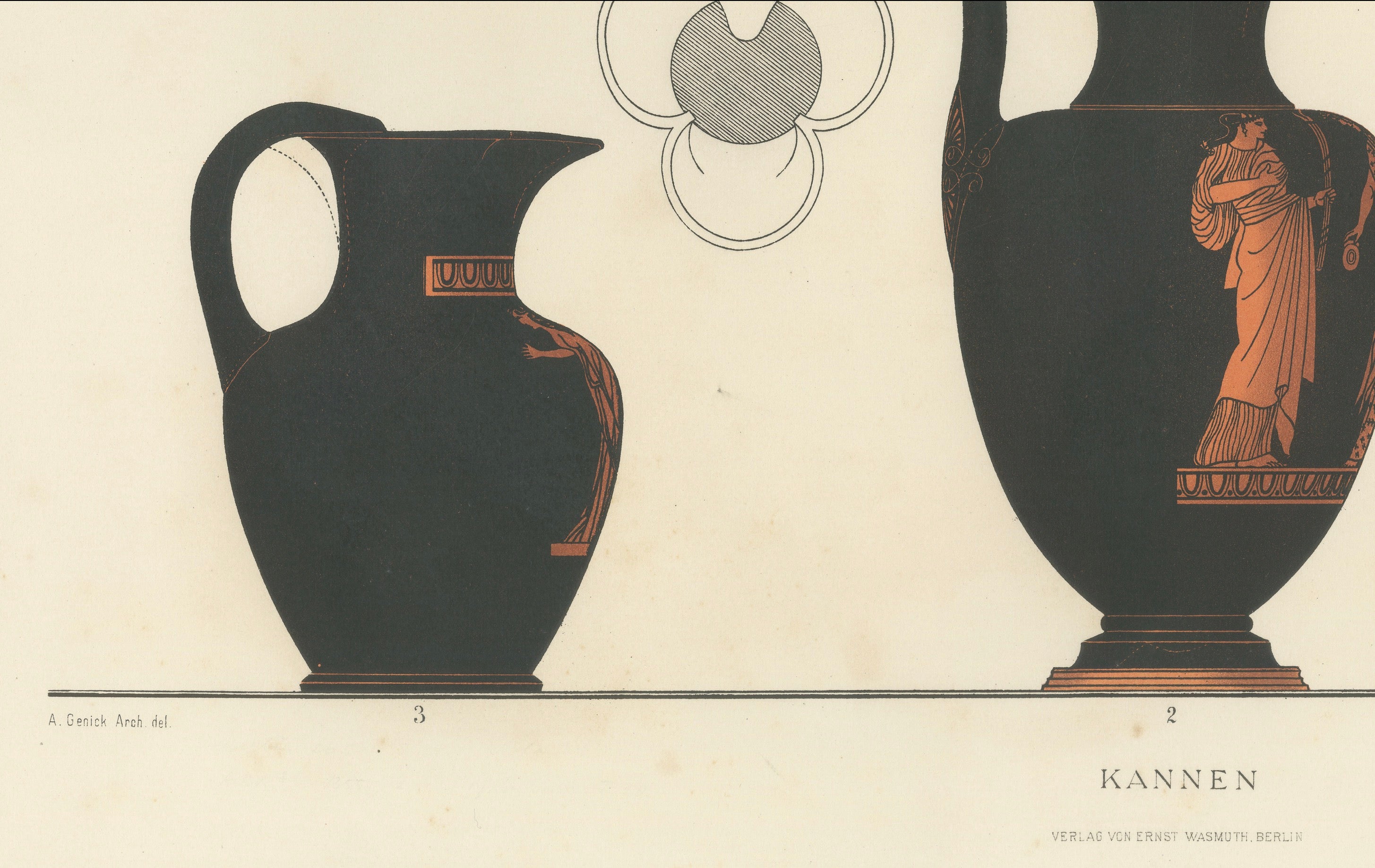 Antique Greek Jugs with Classical Figures Color Lithograph, 1883
