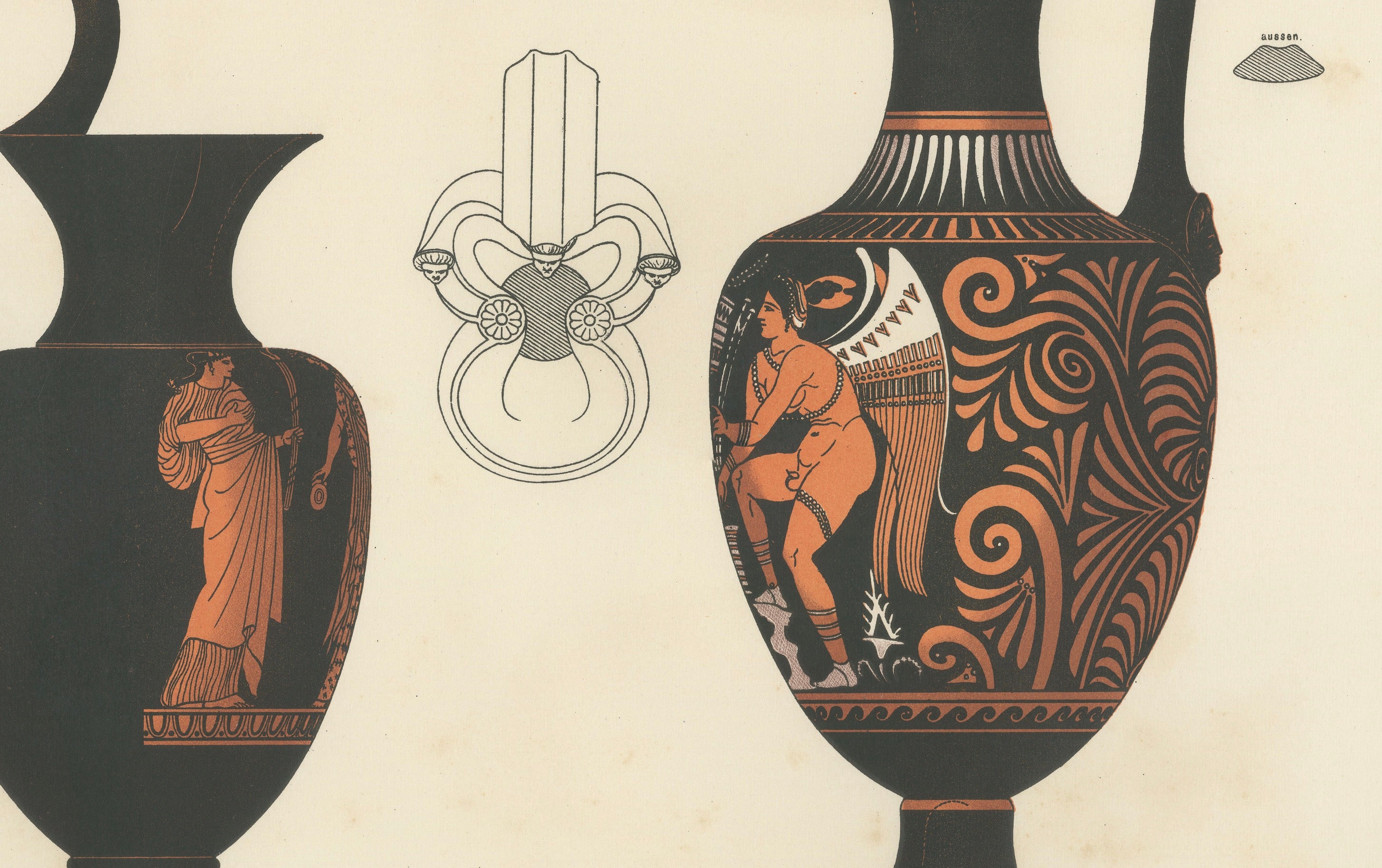 Antique Greek Jugs with Classical Figures Color Lithograph, 1883