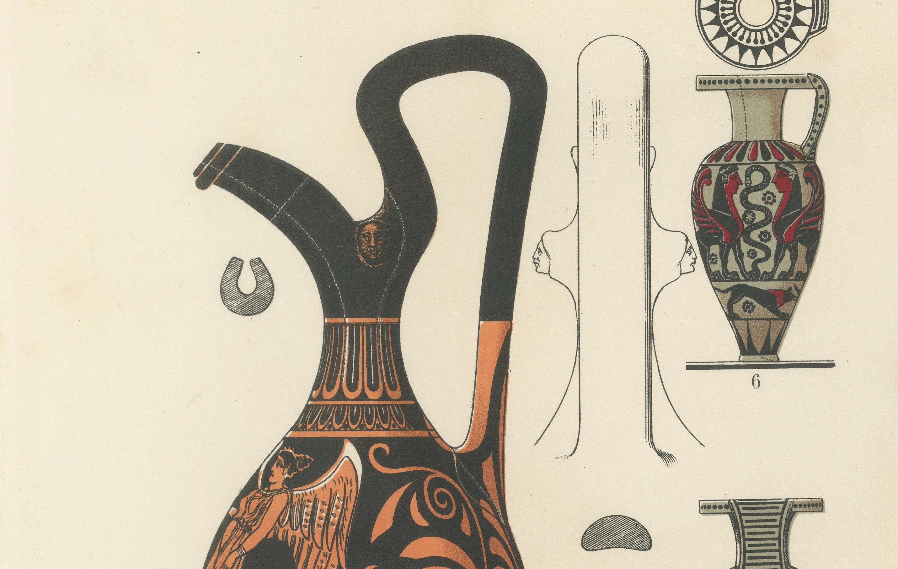 Antique Greek Jugs with Classical & Winged Figures Lithograph, 1883
