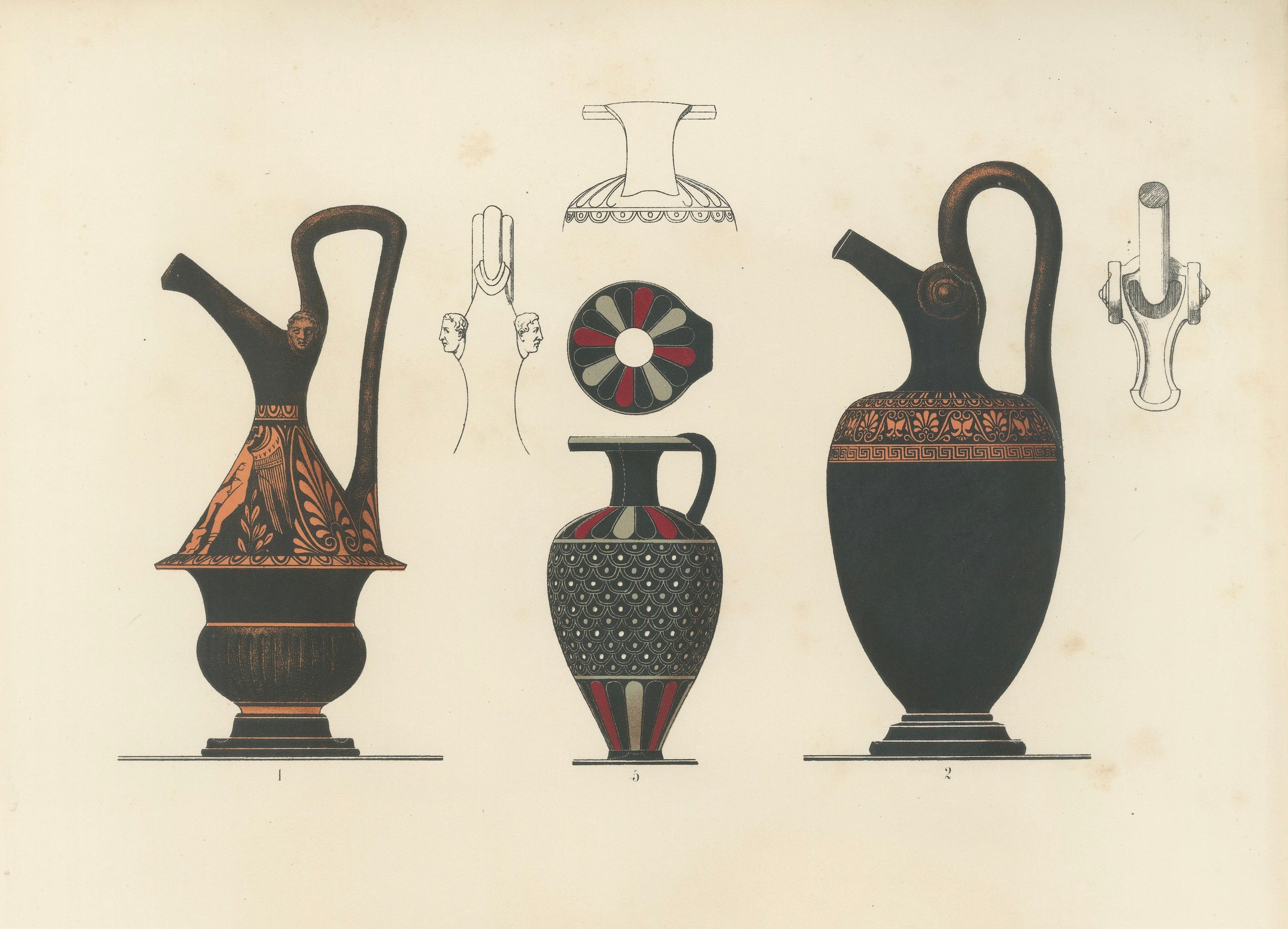 Antique Greek Jugs with Classical & Winged Figures Lithograph, 1883