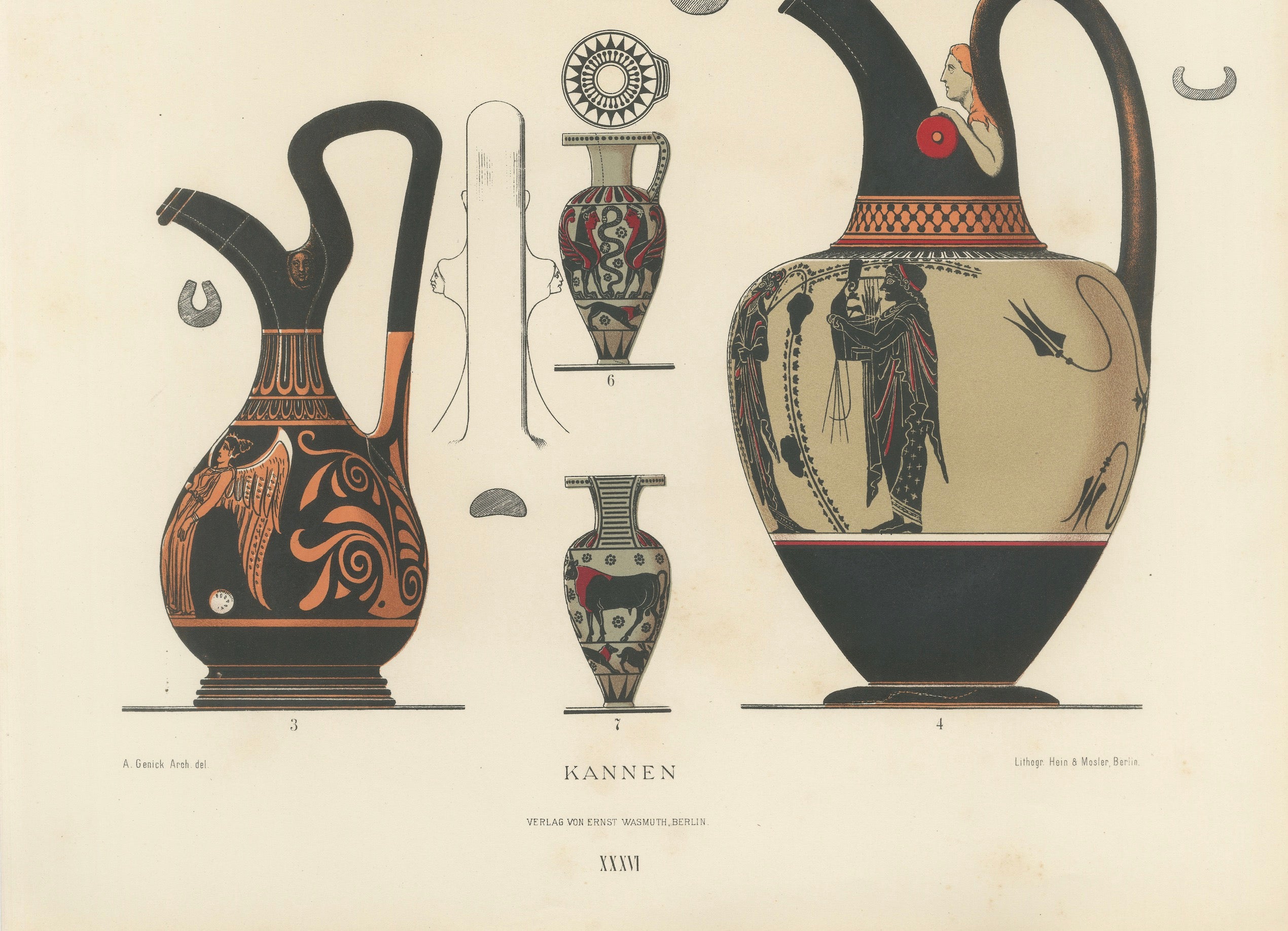 Antique Greek Jugs with Classical & Winged Figures Lithograph, 1883