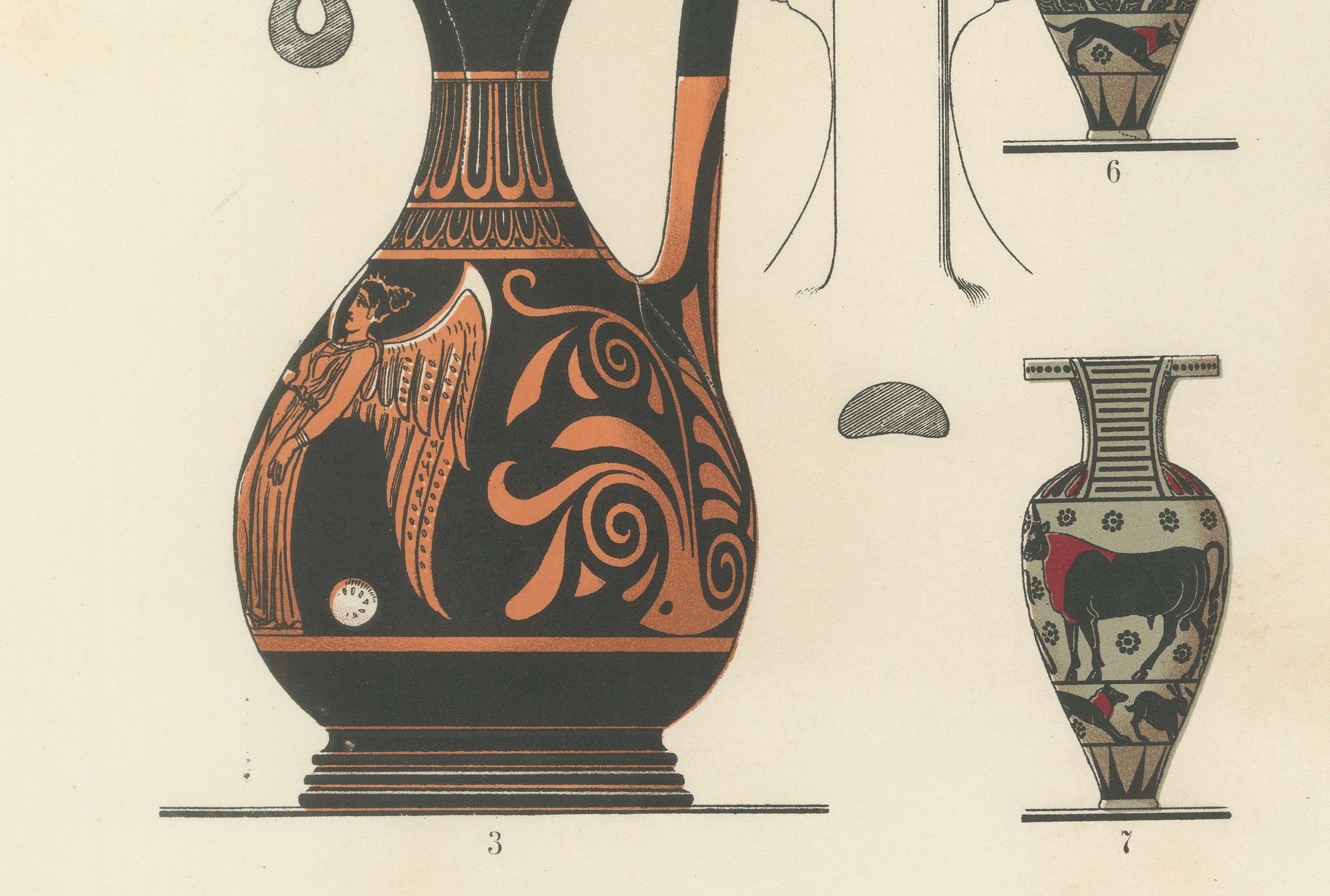 Antique Greek Jugs with Classical & Winged Figures Lithograph, 1883