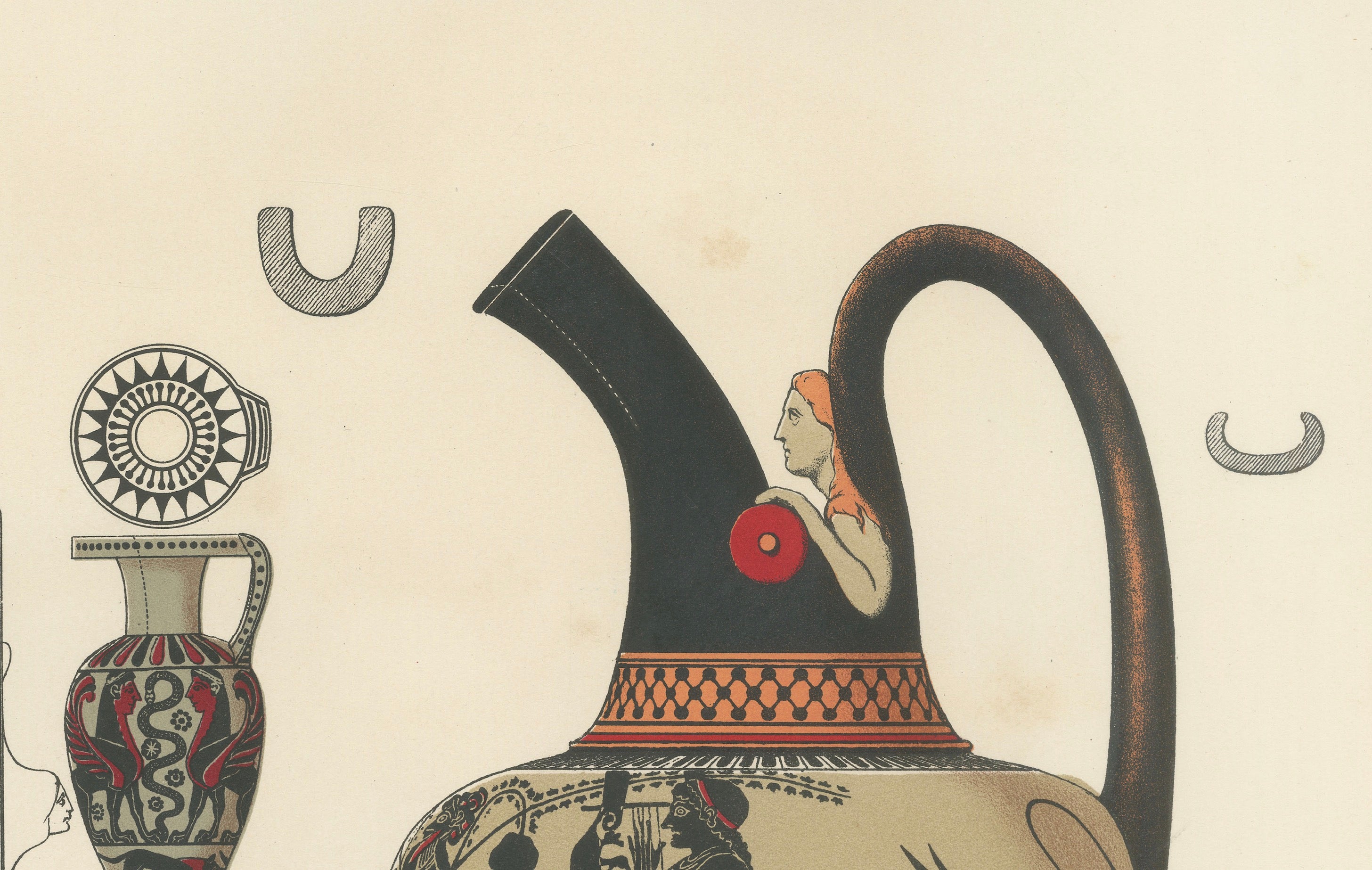 Antique Greek Jugs with Classical & Winged Figures Lithograph, 1883