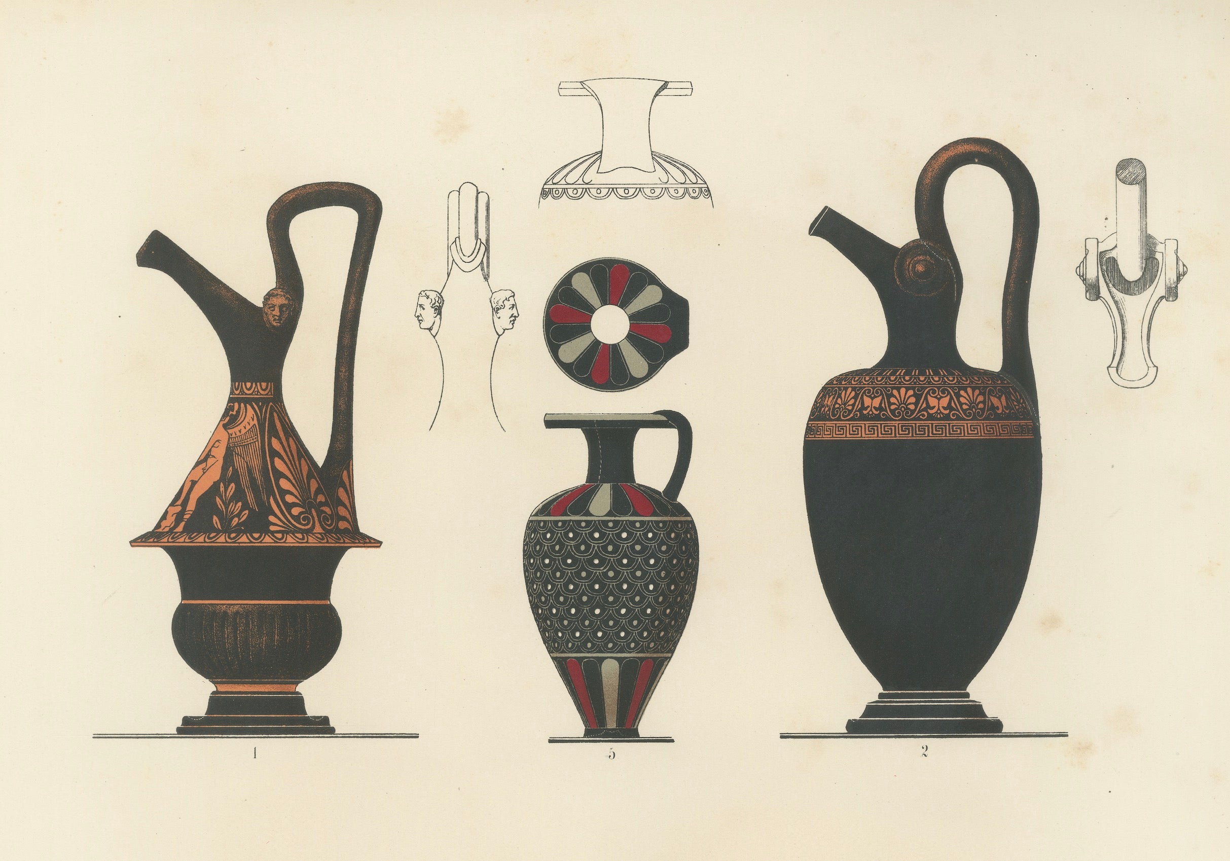 Antique Greek Jugs with Classical & Winged Figures Lithograph, 1883