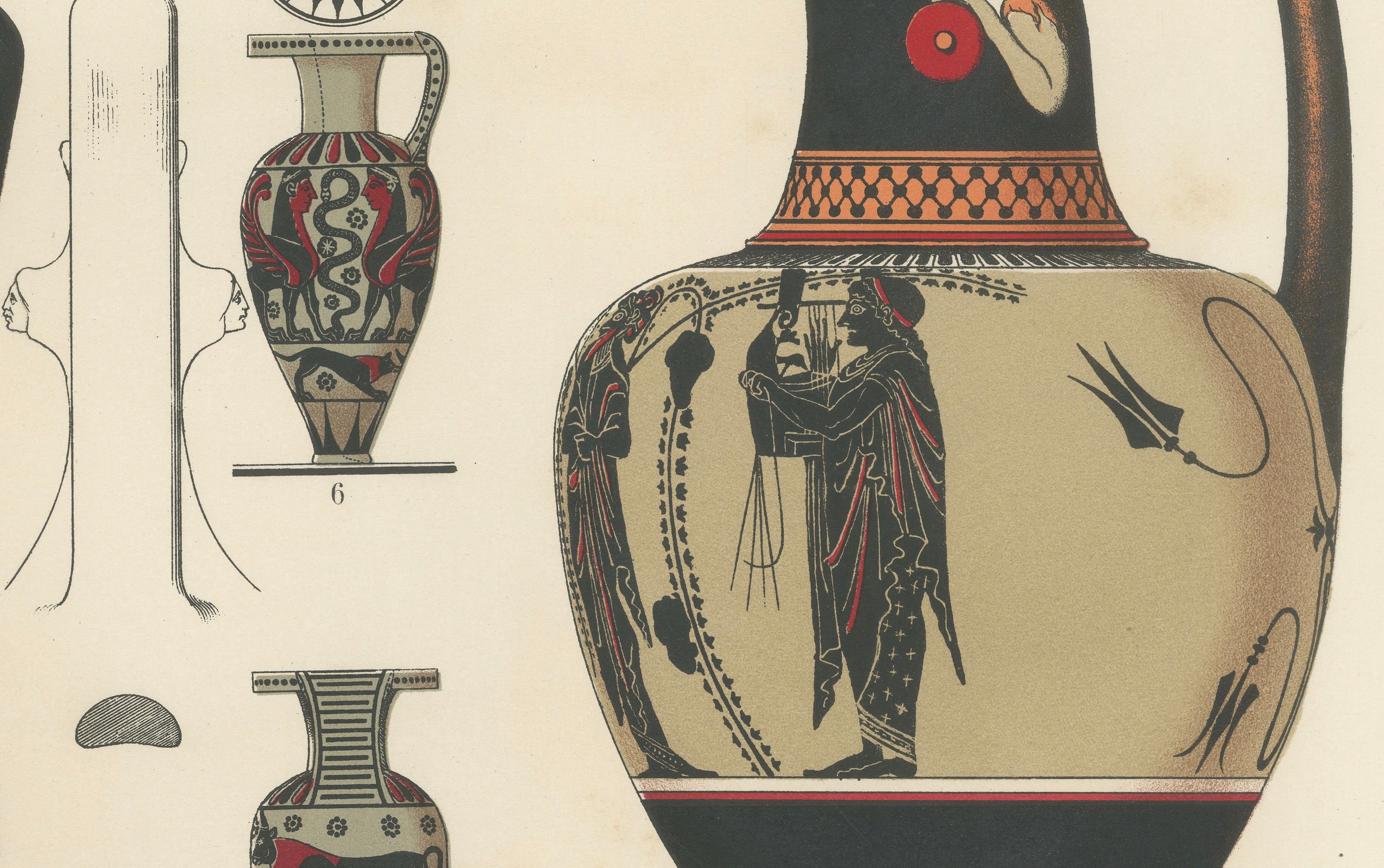 Antique Greek Jugs with Classical & Winged Figures Lithograph, 1883