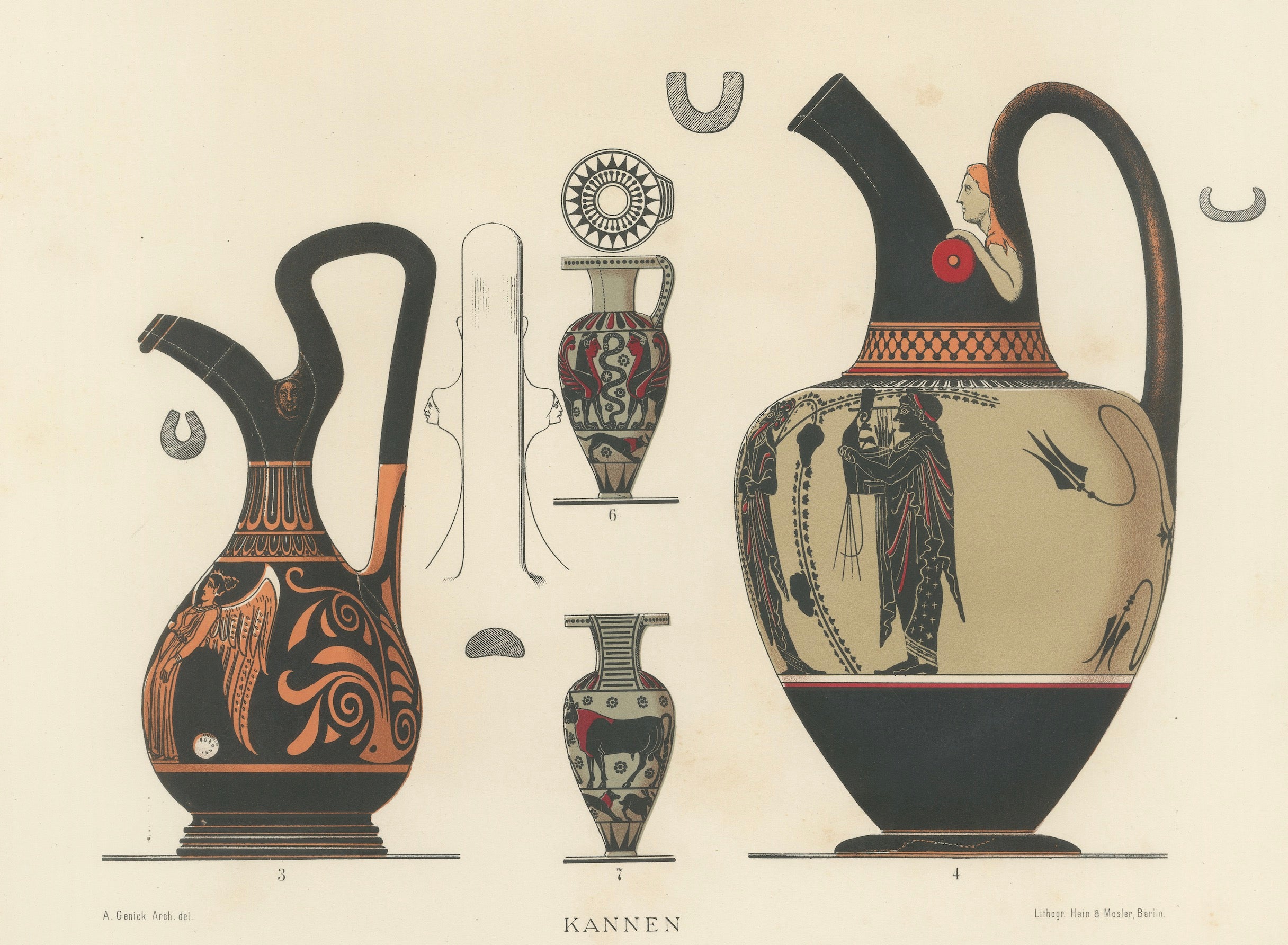 Antique Greek Jugs with Classical & Winged Figures Lithograph, 1883