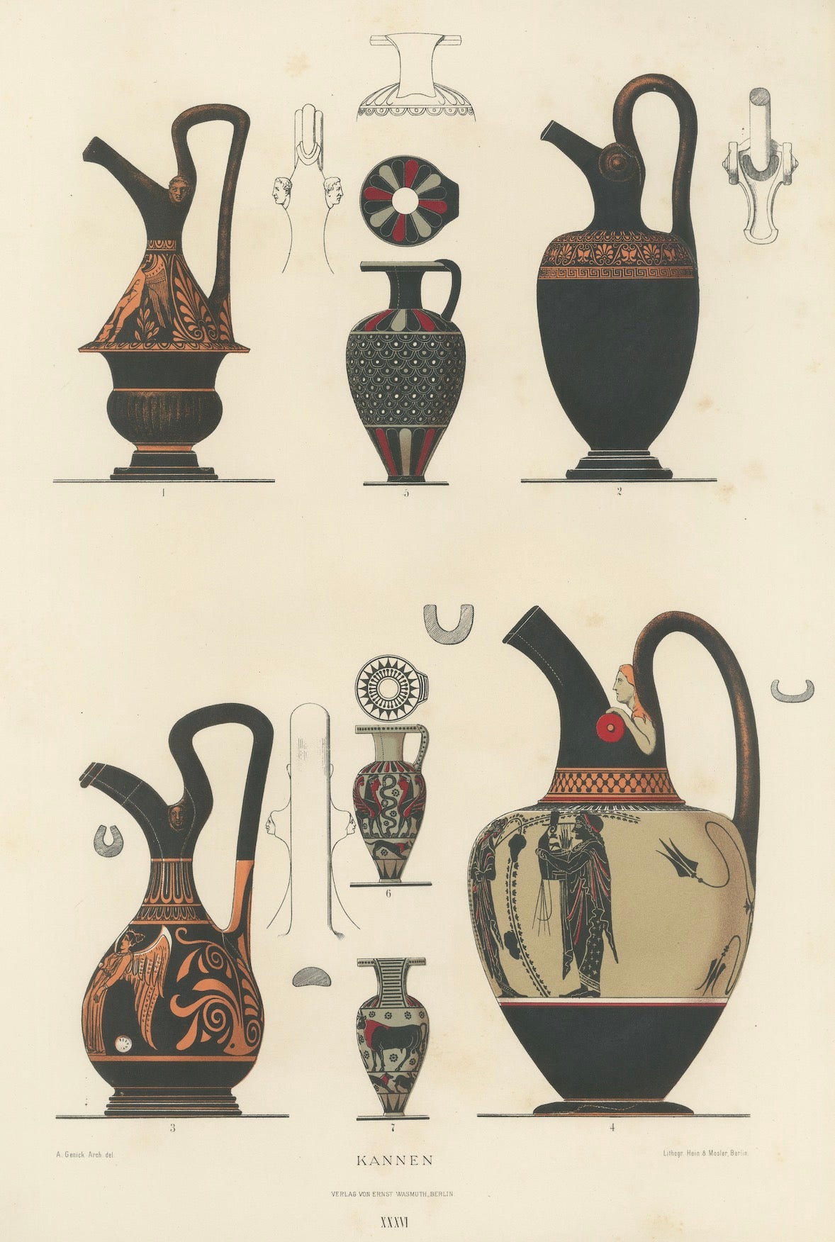 Antique Greek Jugs with Classical & Winged Figures Lithograph, 1883