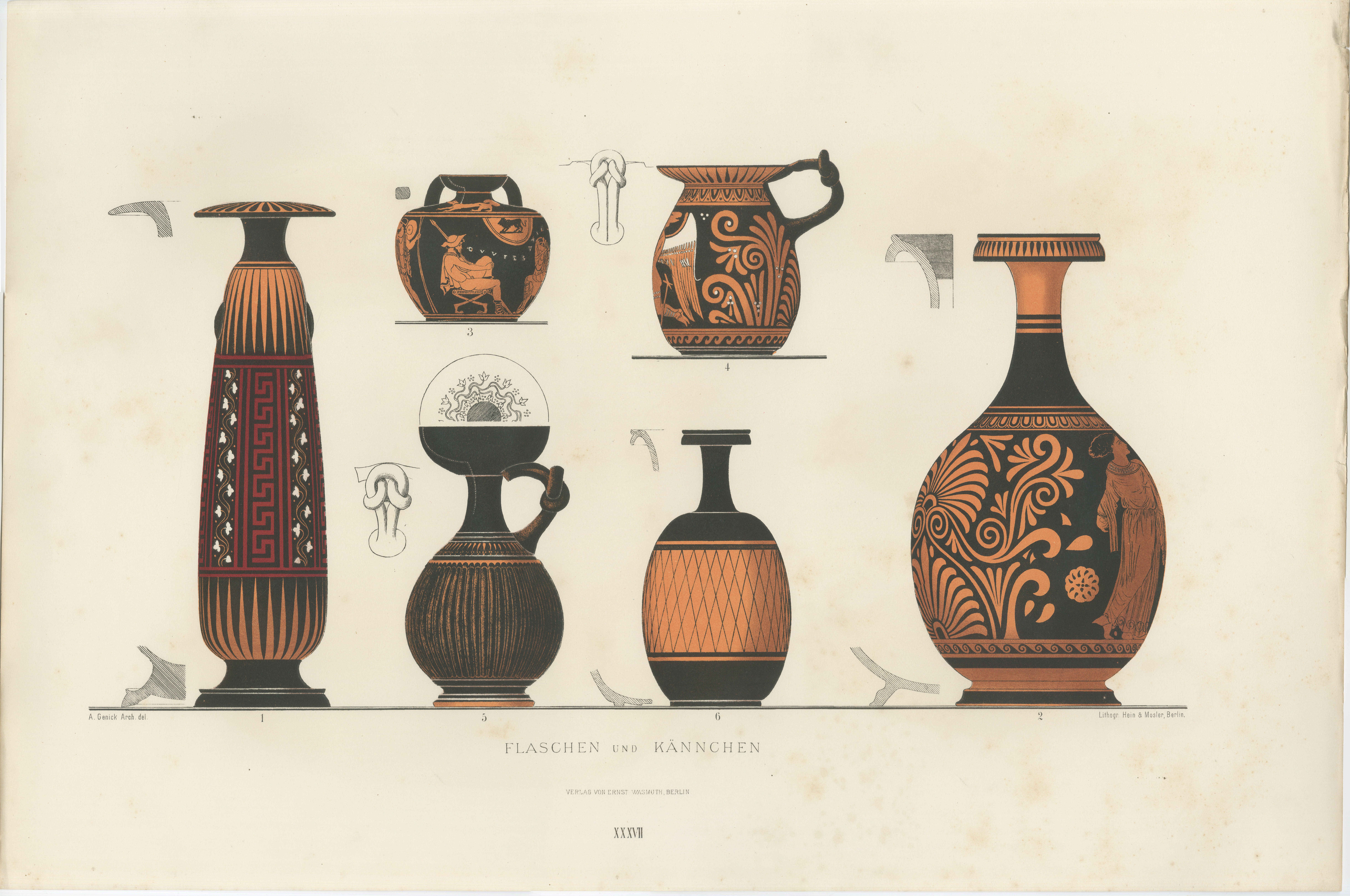 Antique Greek Bottles & Jugs with Classical Figures Lithograph, 1883