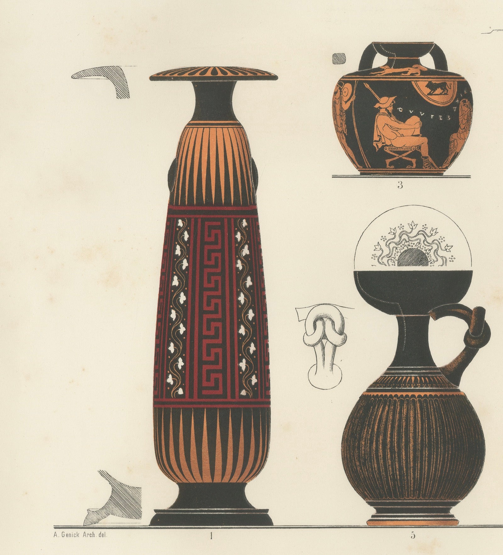 Antique Greek Bottles & Jugs with Classical Figures Lithograph, 1883
