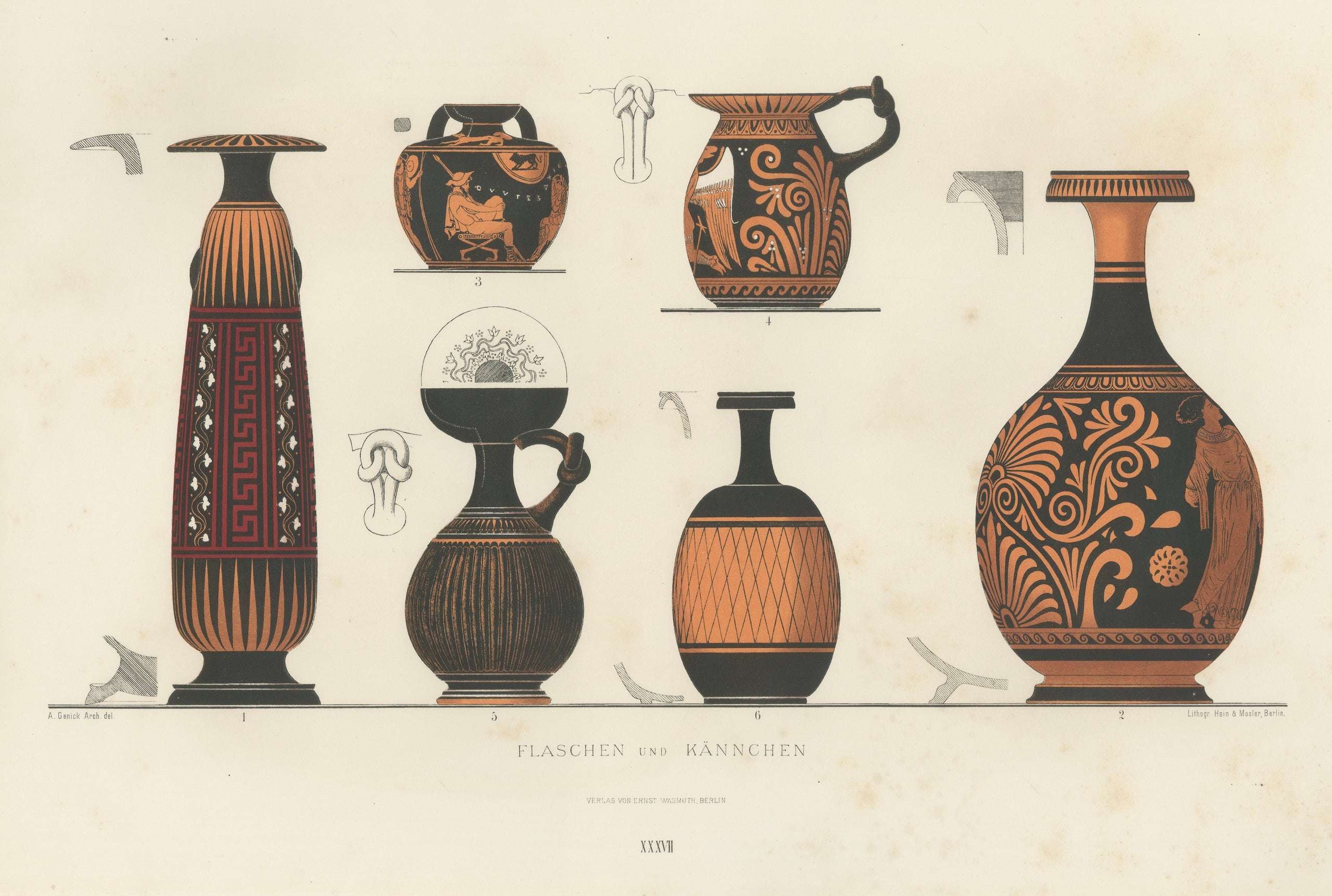 Antique Greek Bottles & Jugs with Classical Figures Lithograph, 1883
