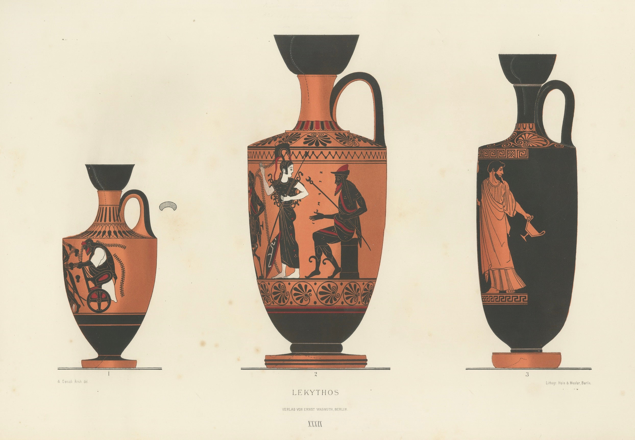 Antique Greek Lekythos with Classical Figures Color Lithograph, 1883