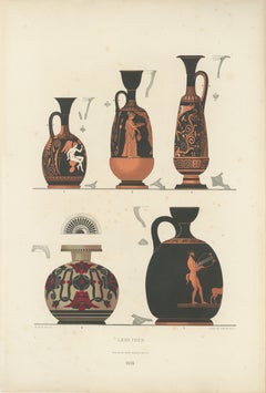 Antique Greek Lekythoi with Classical Figures & Lyre Lithograph, 1883