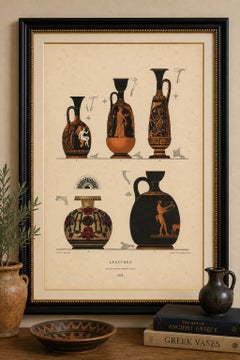 Antique Greek Lekythoi with Classical Figures & Lyre Lithograph, 1883