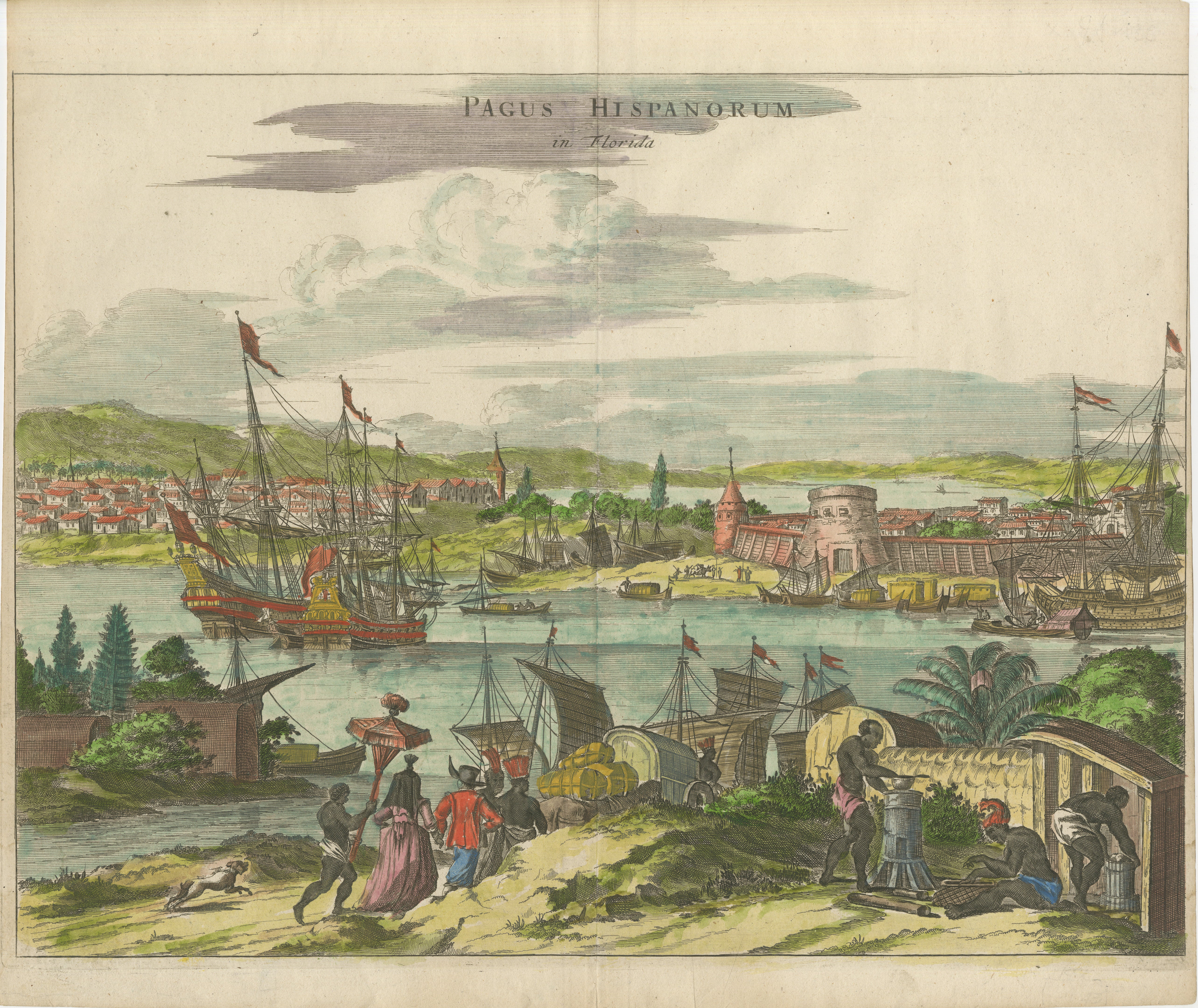 Rare 17th Century View of St. Augustine Florida, Hand-Colored, 1671