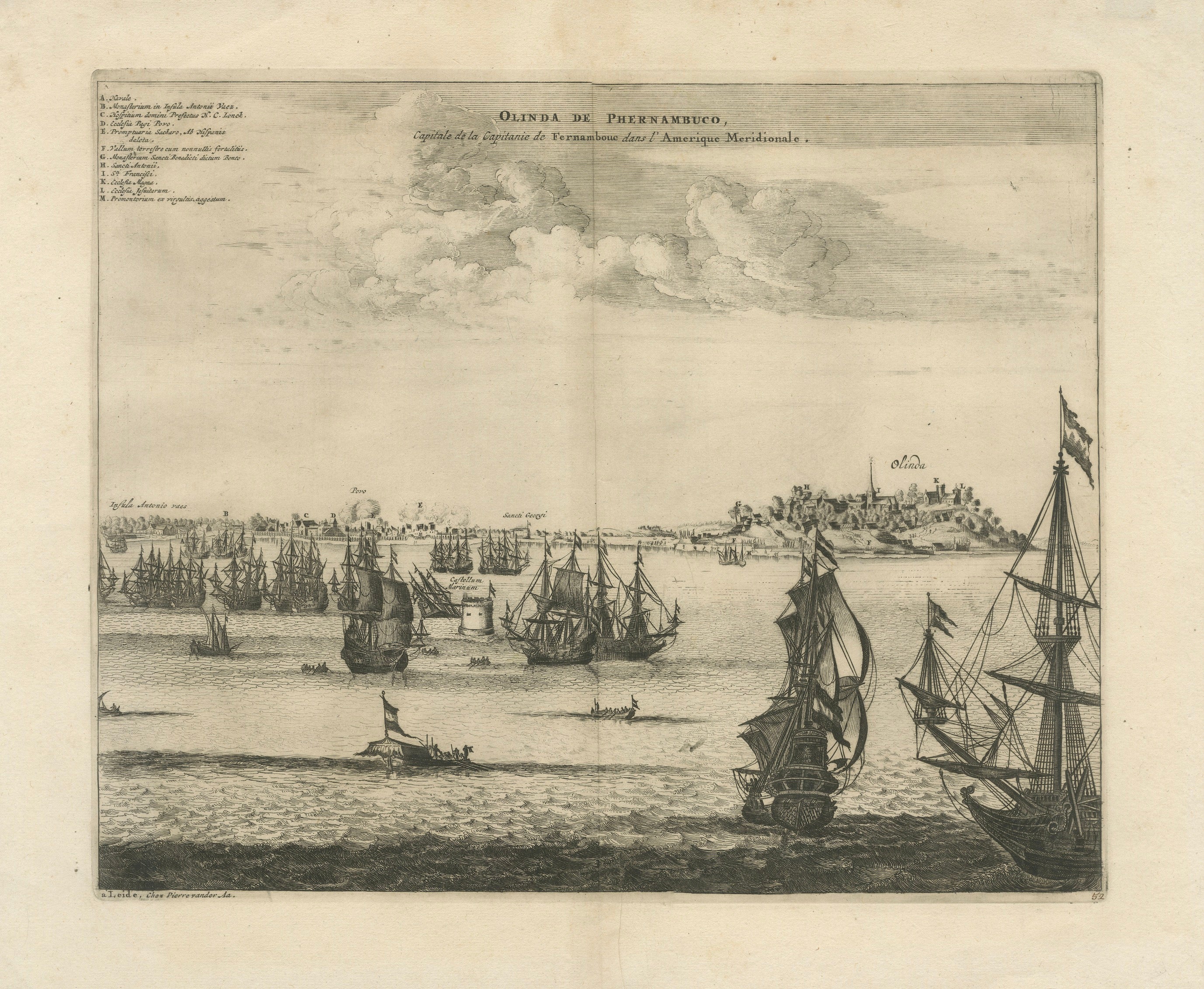Rare View of Olinda Pernambuco Brazil and Dutch Fleet, 1671