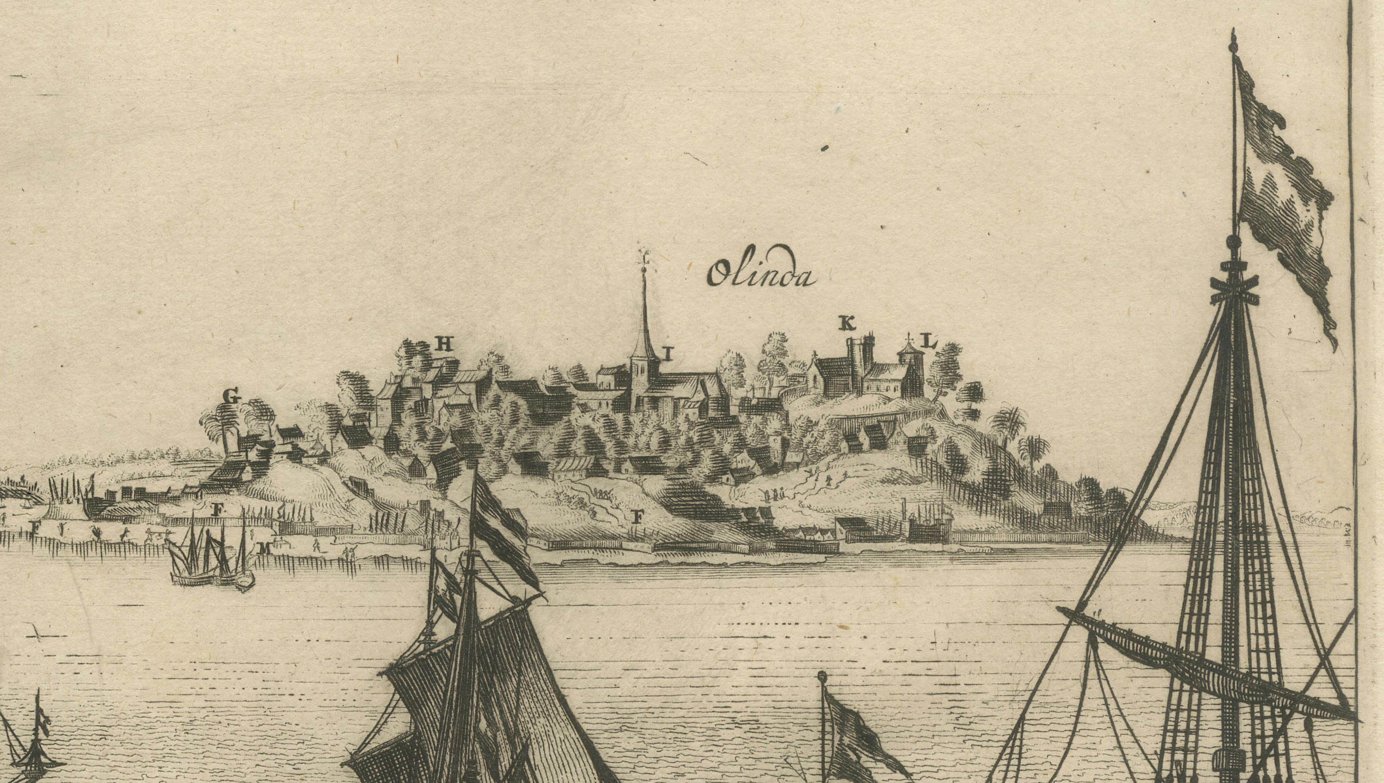 Rare View of Olinda Pernambuco Brazil and Dutch Fleet, 1671