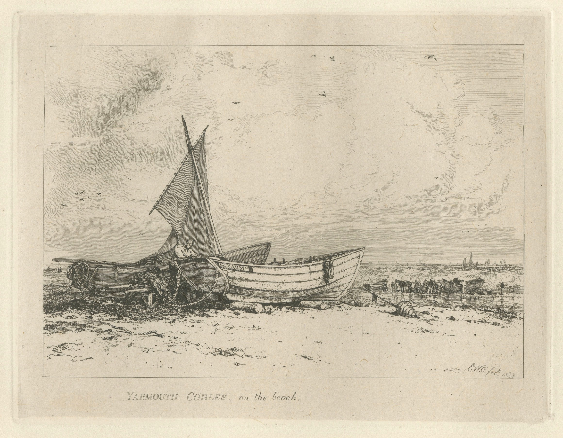 Antique Great Yarmouth Fishing Boats Maritime Etching by E.W. Cooke, 1828