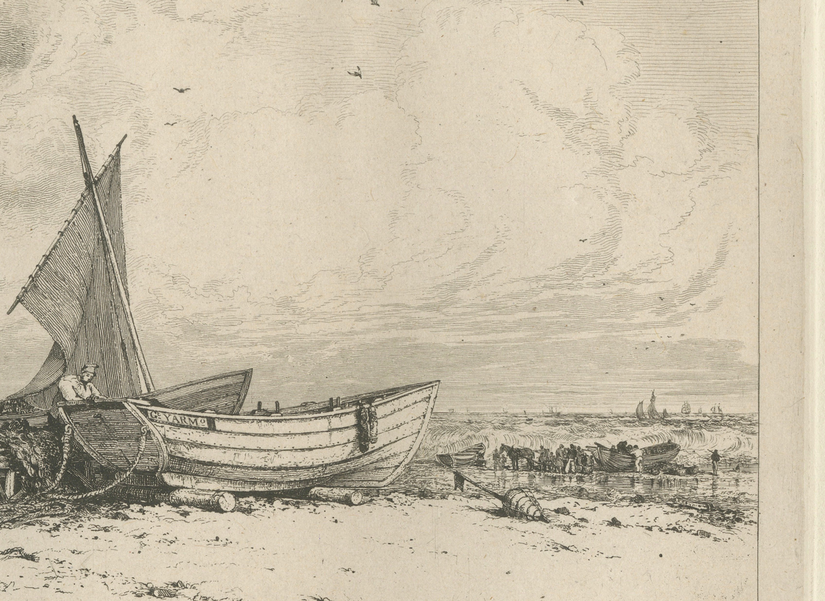 Antique Great Yarmouth Fishing Boats Maritime Etching by E.W. Cooke, 1828