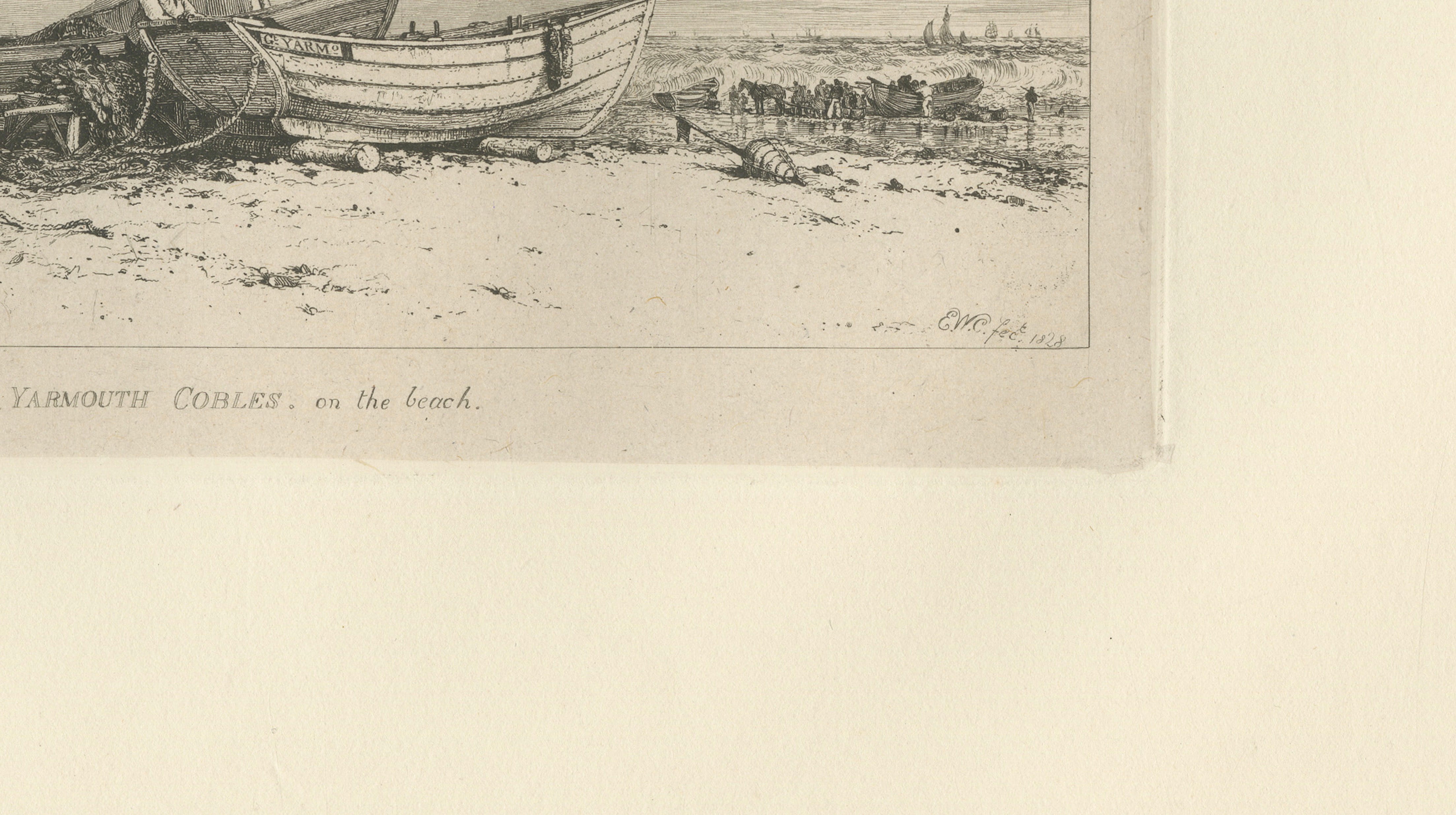 Antique Great Yarmouth Fishing Boats Maritime Etching by E.W. Cooke, 1828