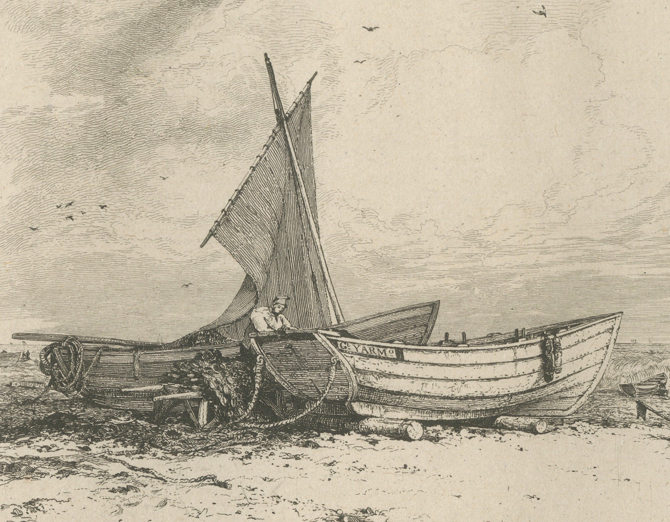 Antique Great Yarmouth Fishing Boats Maritime Etching by E.W. Cooke, 1828