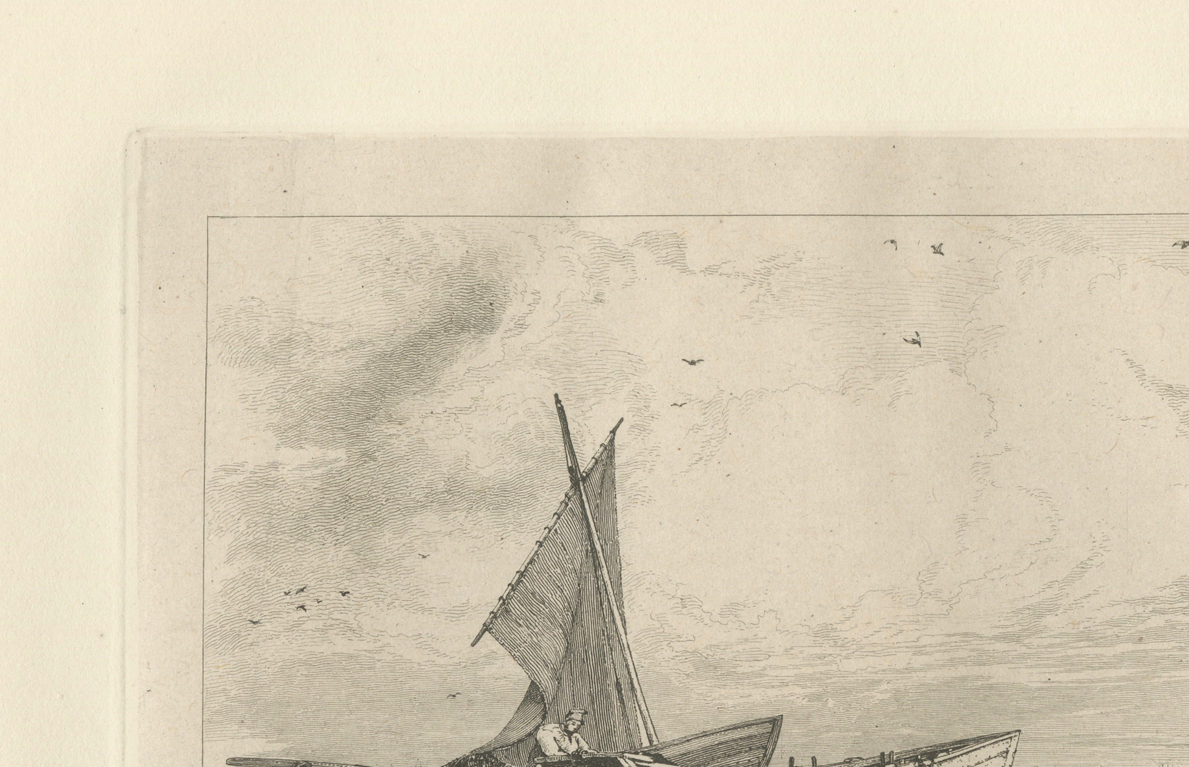 Antique Great Yarmouth Fishing Boats Maritime Etching by E.W. Cooke, 1828