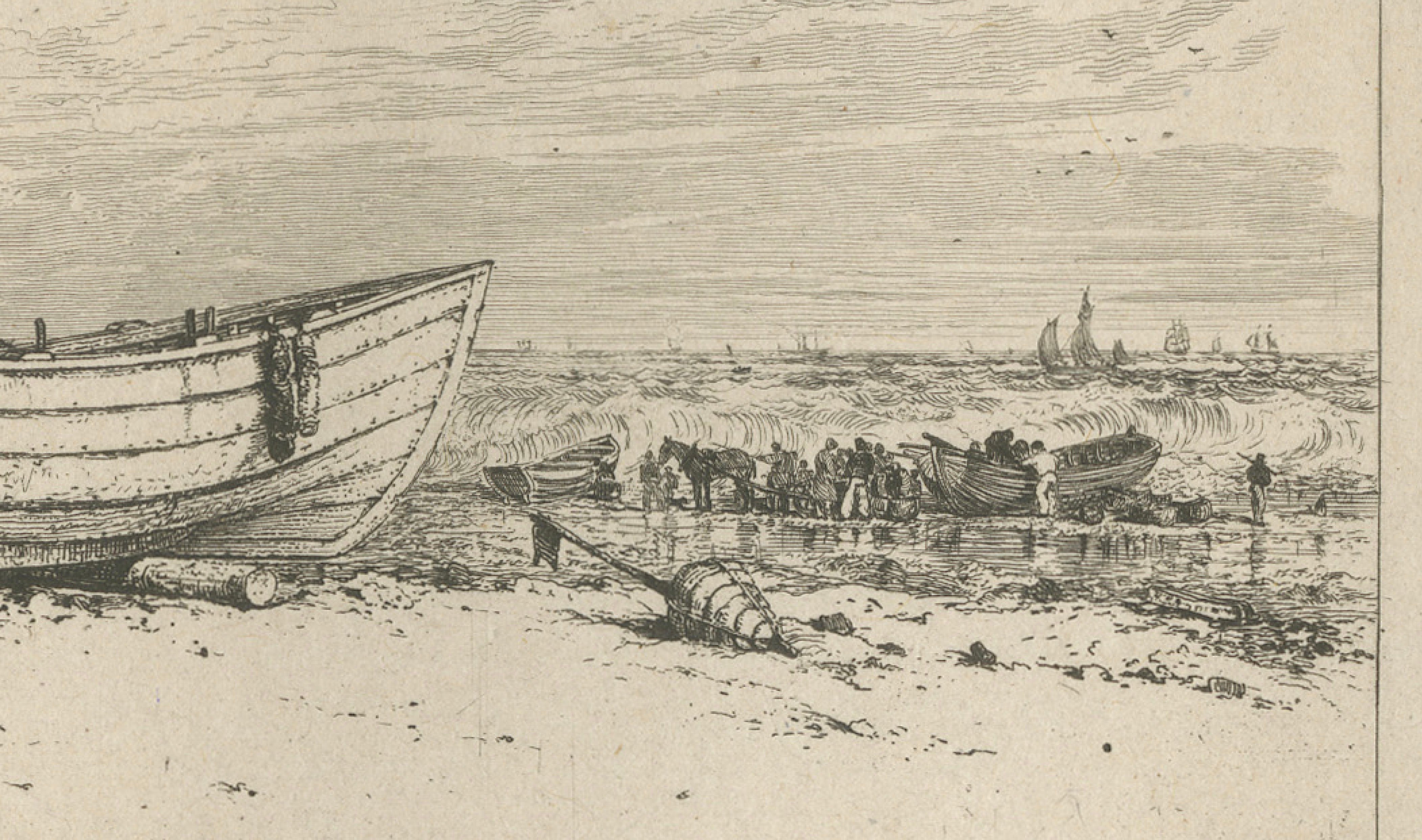 Antique Great Yarmouth Fishing Boats Maritime Etching by E.W. Cooke, 1828