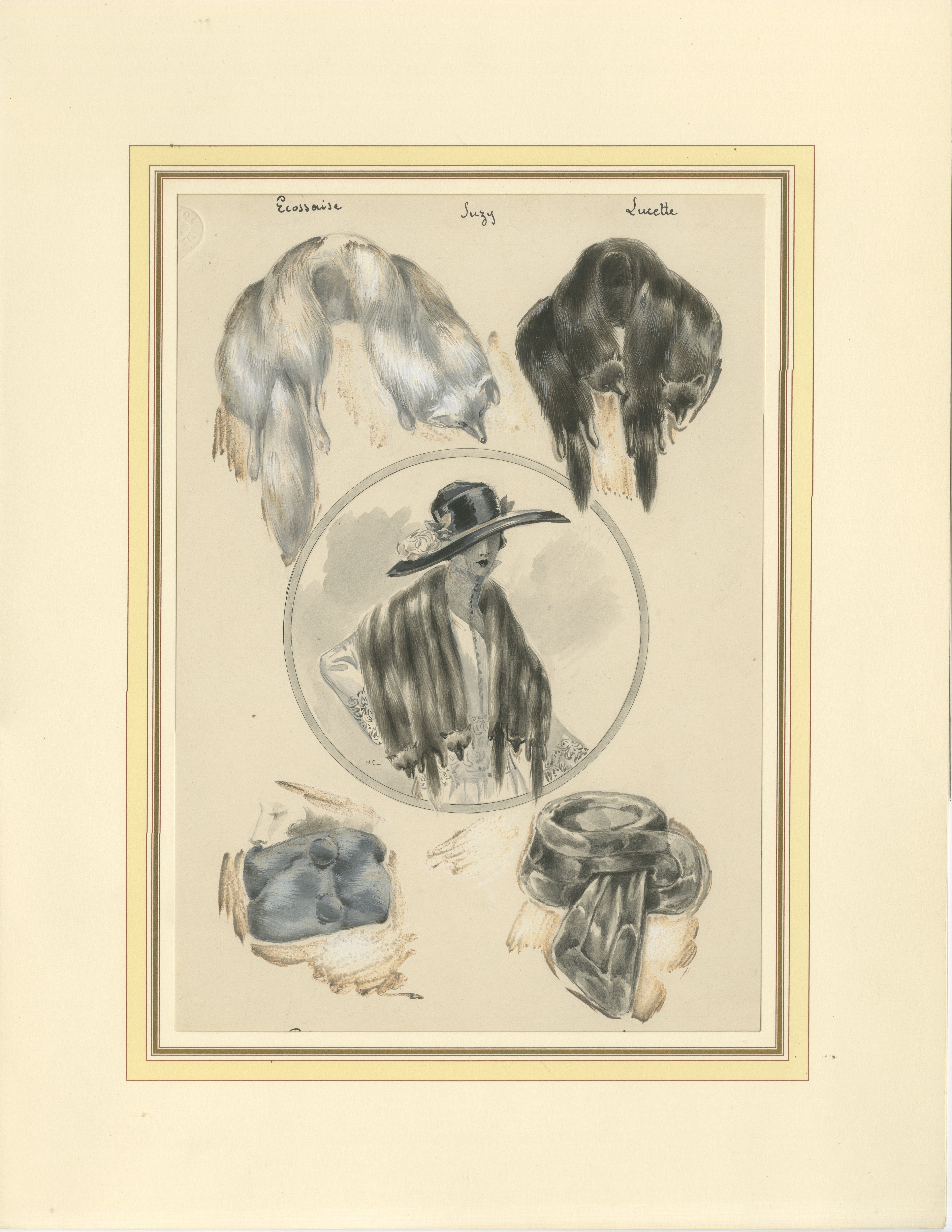 French Art Nouveau Fashion Design with Fur Stoles and Elegant Lady, c.1910
