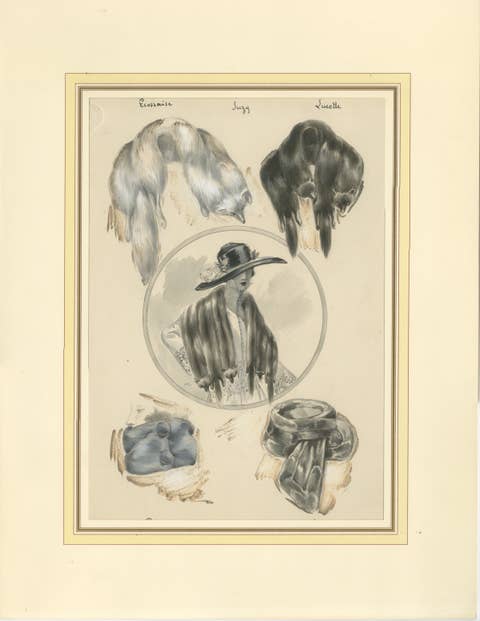 French Art Nouveau Fashion Design with Fur Stoles and Elegant Lady, c.1910