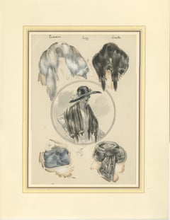 French Art Nouveau Fashion Design with Fur Stoles and Elegant Lady, c.1910