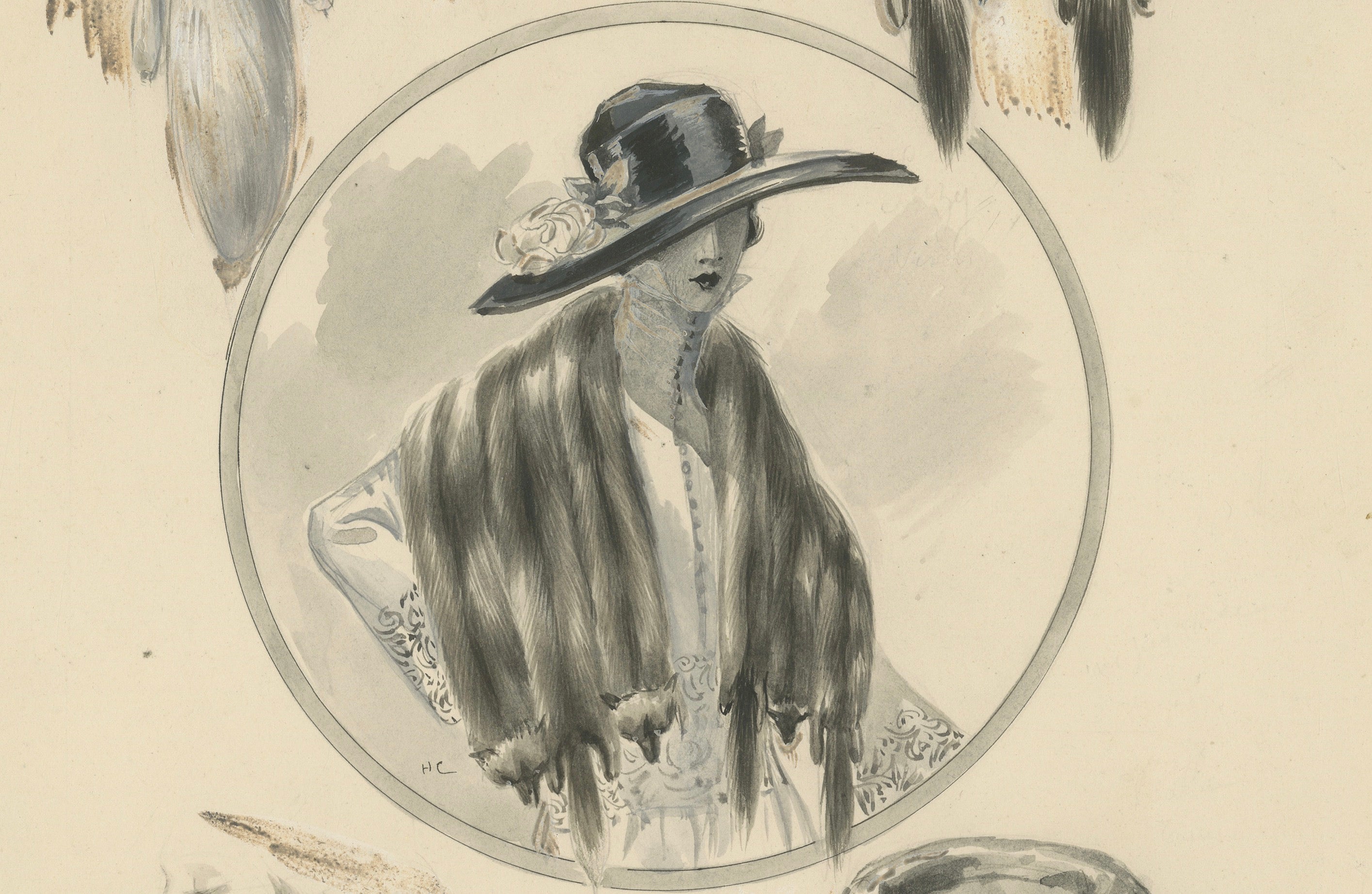 French Art Nouveau Fashion Design with Fur Stoles and Elegant Lady, c.1910