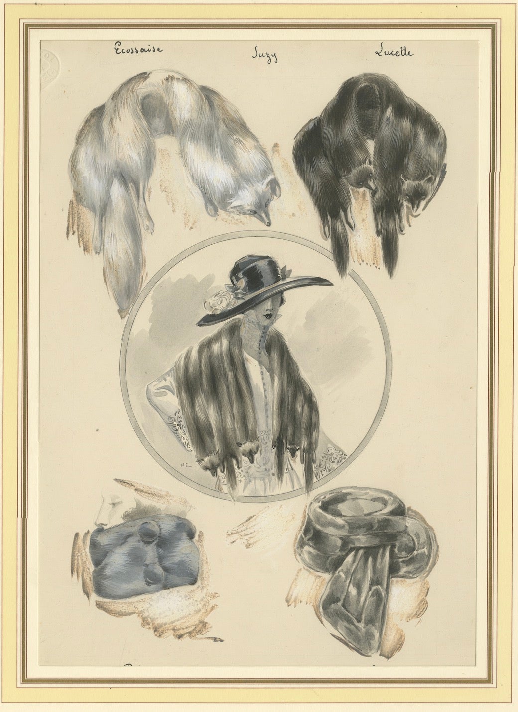 French Art Nouveau Fashion Design with Fur Stoles and Elegant Lady, c.1910