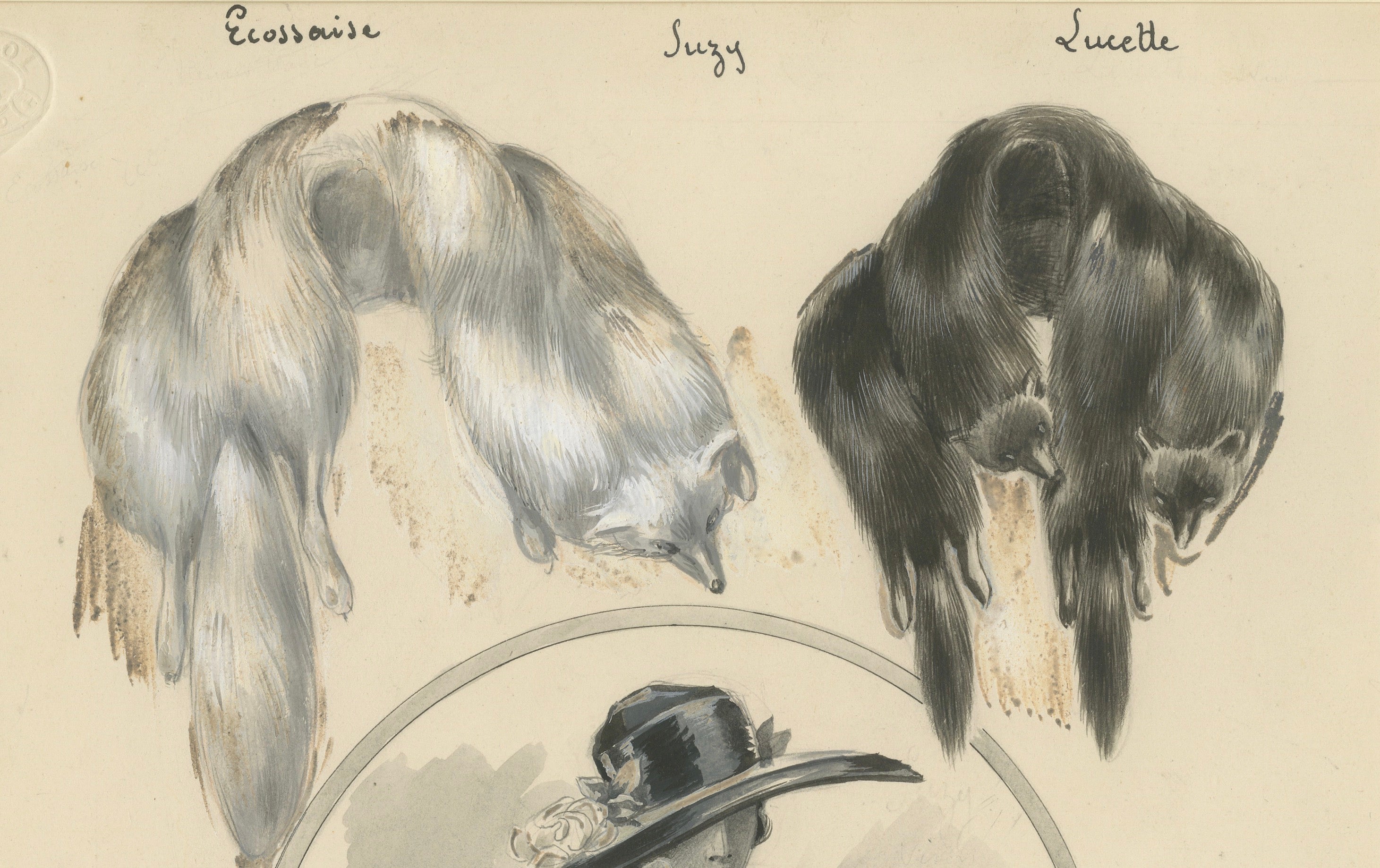 French Art Nouveau Fashion Design with Fur Stoles and Elegant Lady, c.1910