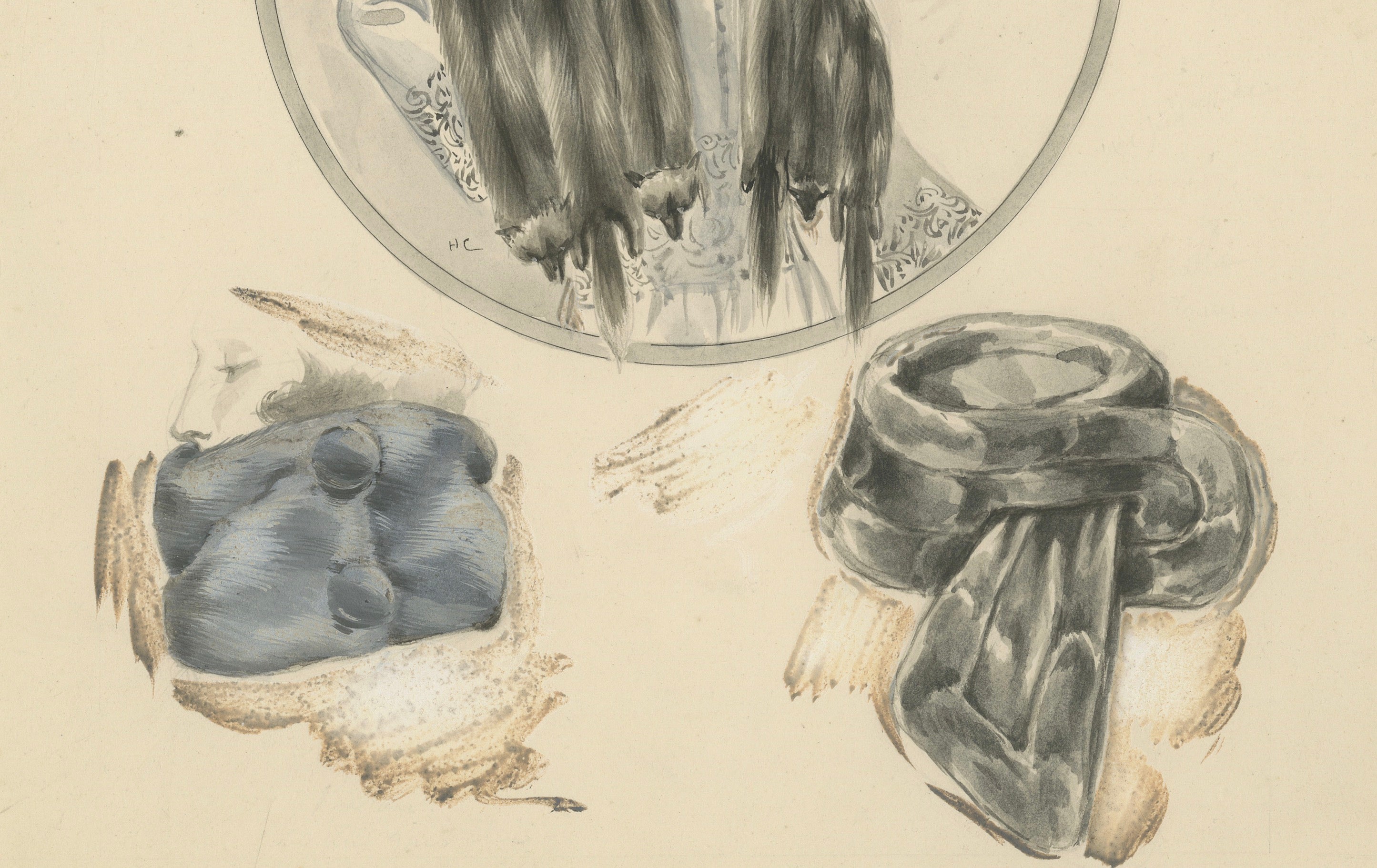 French Art Nouveau Fashion Design with Fur Stoles and Elegant Lady, c.1910
